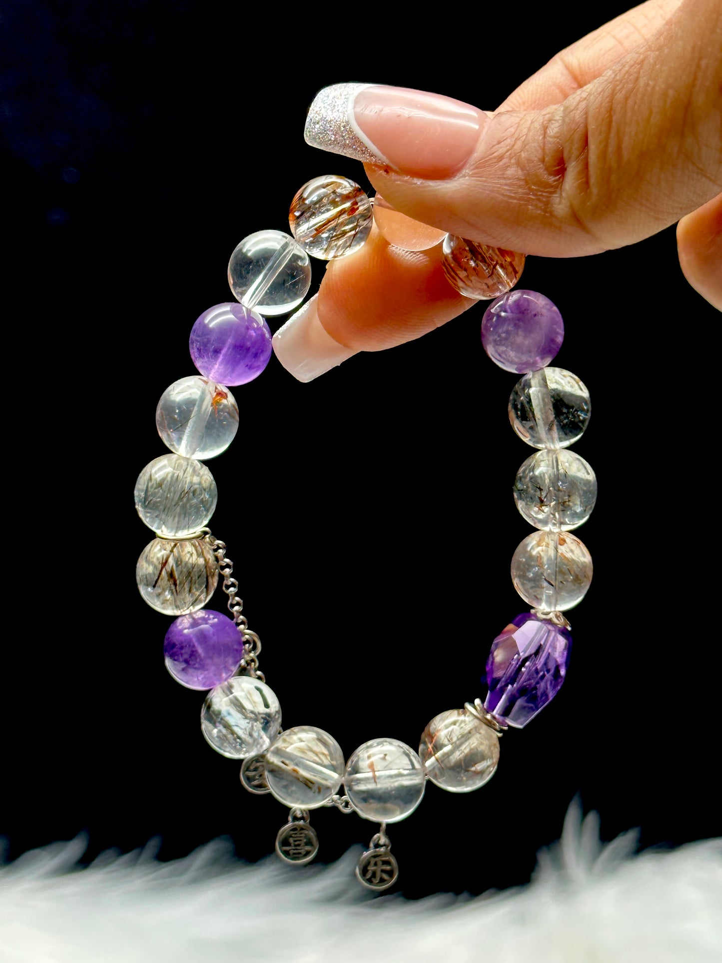 Rutilated Quartz & Amethyst Crystal Bead Bracelet – 10.5mm, Stretchable, Sterling Silver Charm