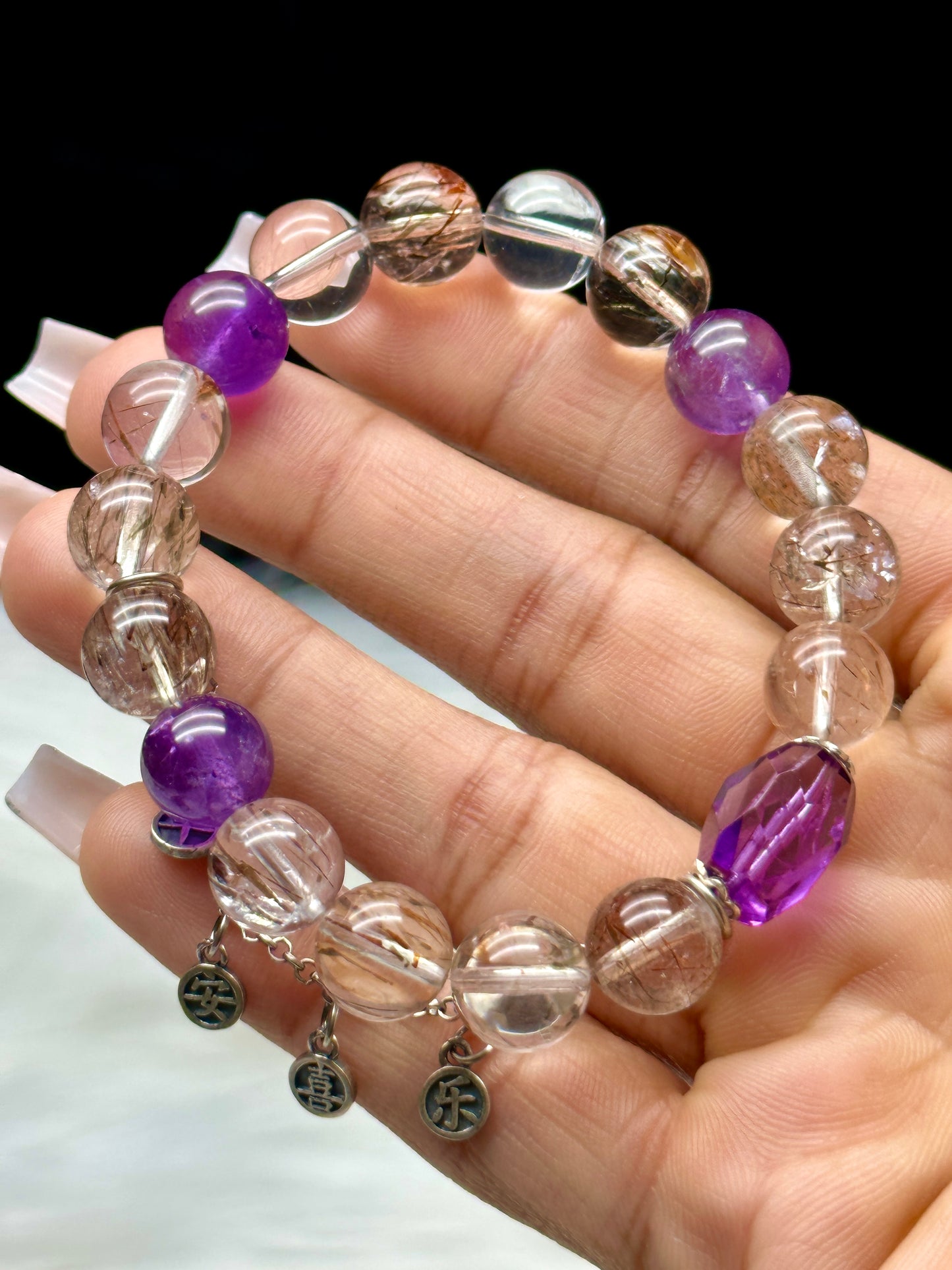 Rutilated Quartz & Amethyst Crystal Bead Bracelet – 10.5mm, Stretchable, Sterling Silver Charm