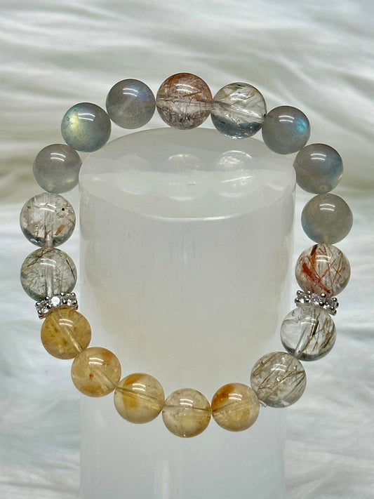 Golden Healer, Rutilated Quartz & Labradorite Crystal Bracelet – 10mm Beads, Stretch Cord, Sterling Silver Charm