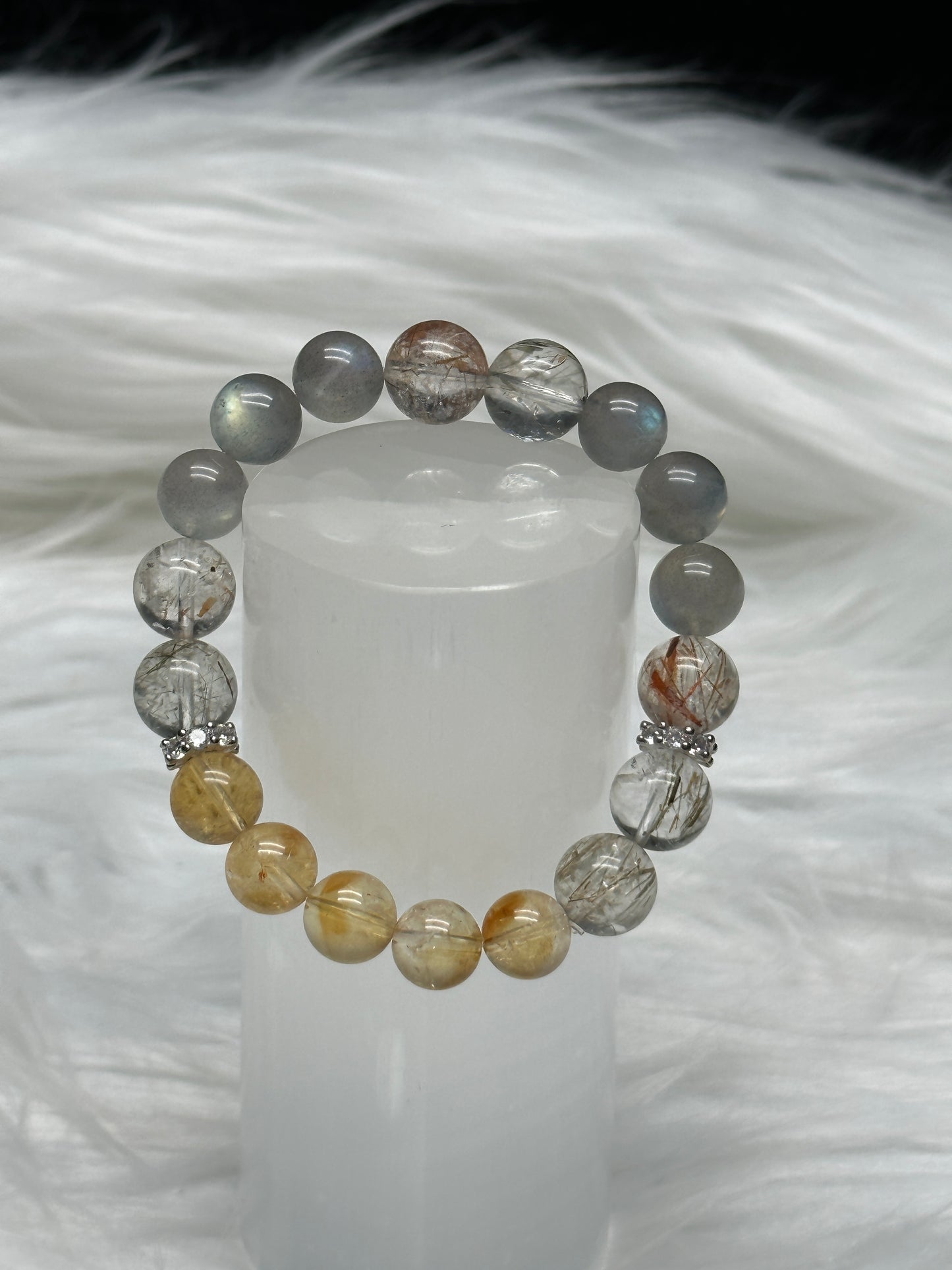 Golden Healer, Rutilated Quartz & Labradorite Crystal Bracelet – 10mm Beads, Stretch Cord, Sterling Silver Charm