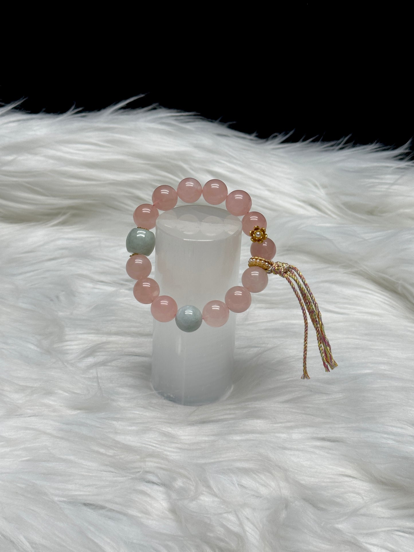 Rose Quartz & Jadeite Crystal Bracelet – 12mm Beads, Sterling Silver Flower Charm, High-Quality Gemstones