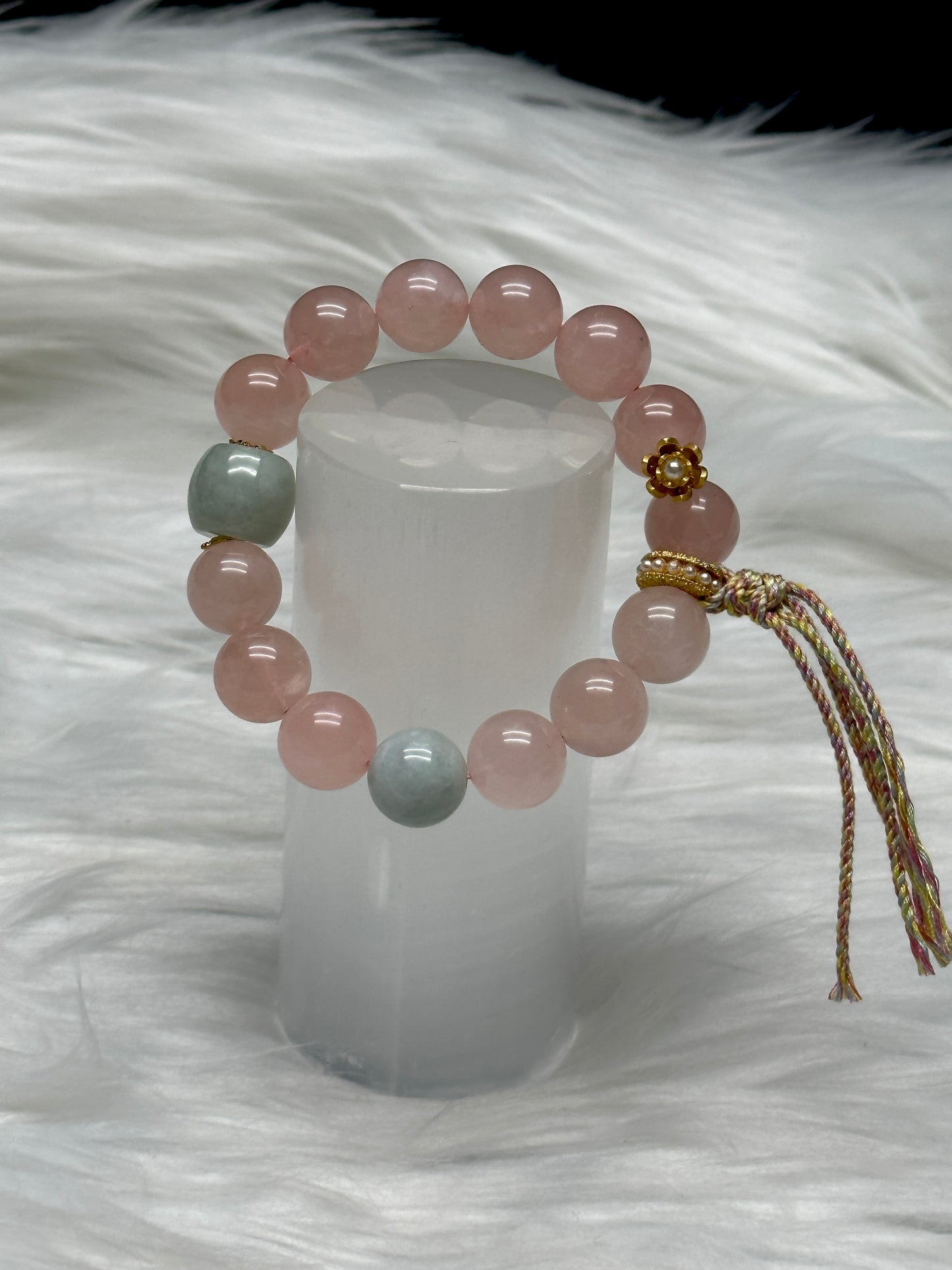 Rose Quartz & Jadeite Crystal Bracelet – 12mm Beads, Sterling Silver Flower Charm, High-Quality Gemstones