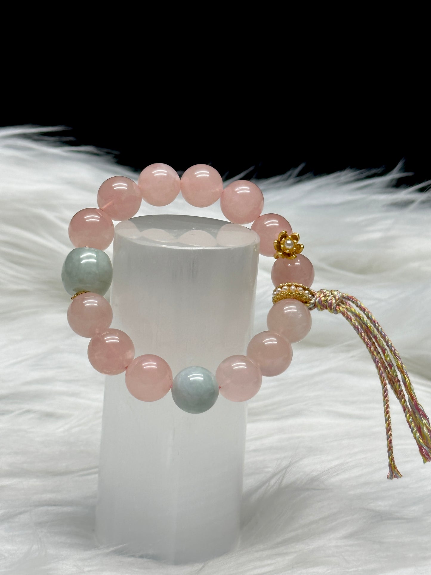Rose Quartz & Jadeite Crystal Bracelet – 12mm Beads, Sterling Silver Flower Charm, High-Quality Gemstones