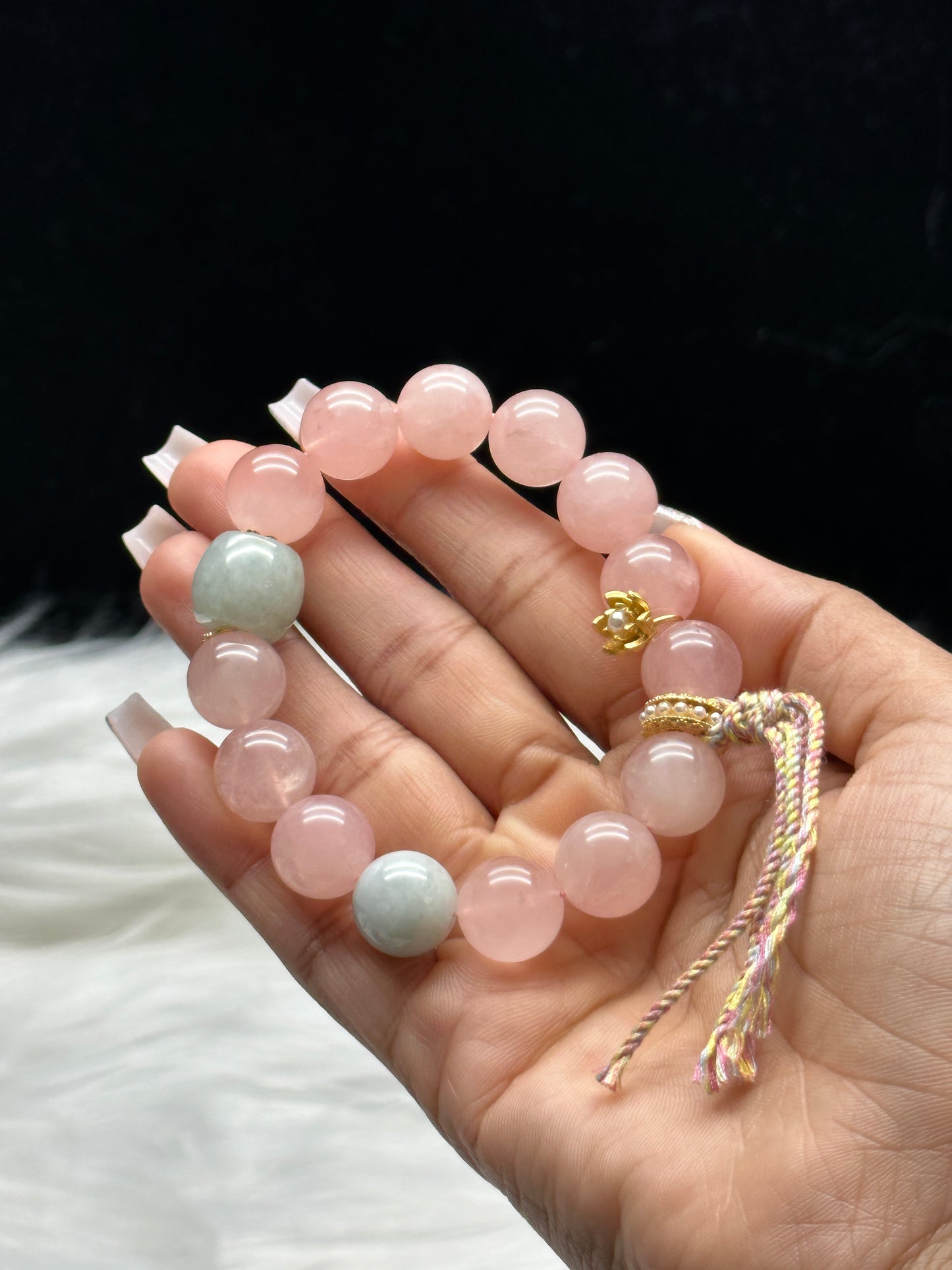 Rose Quartz & Jadeite Crystal Bracelet – 12mm Beads, Sterling Silver Flower Charm, High-Quality Gemstones