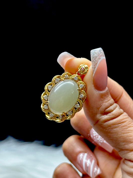 Natural High-Quality Jade Pendant – Oval, 1" Sterling Silver with 18K Gold Plating & Moissanite Diamonds
