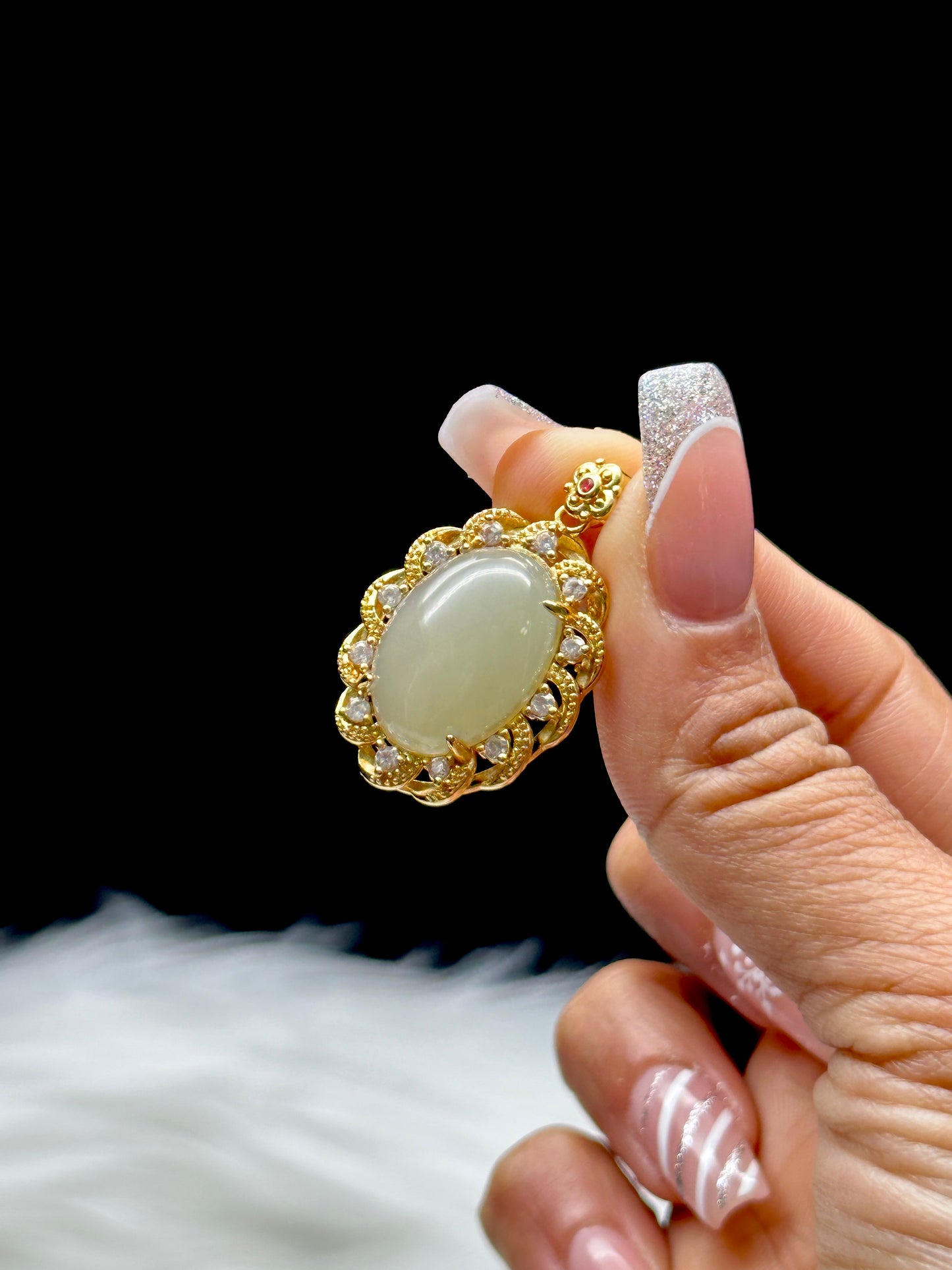 Natural High-Quality Jade Pendant – Oval, 1" Sterling Silver with 18K Gold Plating & Moissanite Diamonds