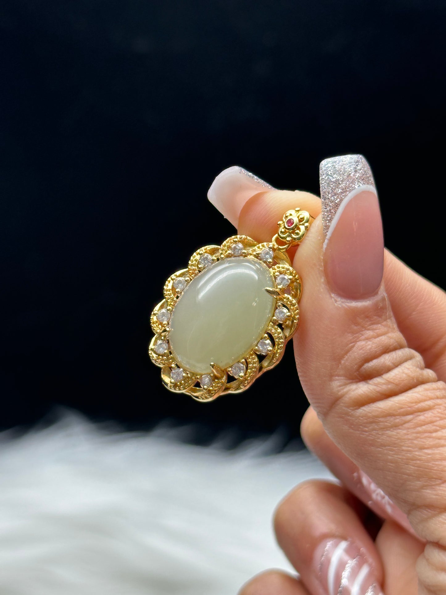 Natural High-Quality Jade Pendant – Oval, 1" Sterling Silver with 18K Gold Plating & Moissanite Diamonds