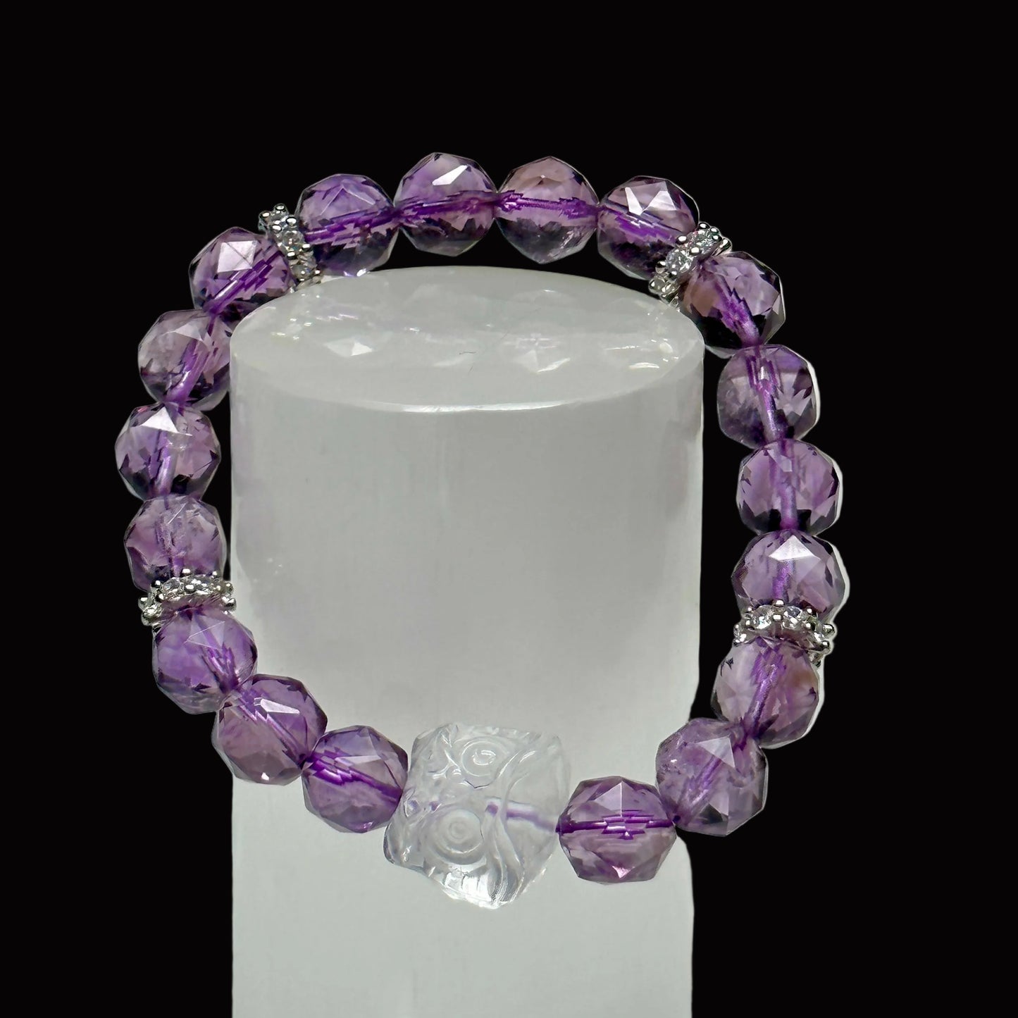 Amethyst Faceted Bead Bracelet with Clear Quartz Feng Shui Lion – Stretch Cord, Energy Healing Crystal Jewelry