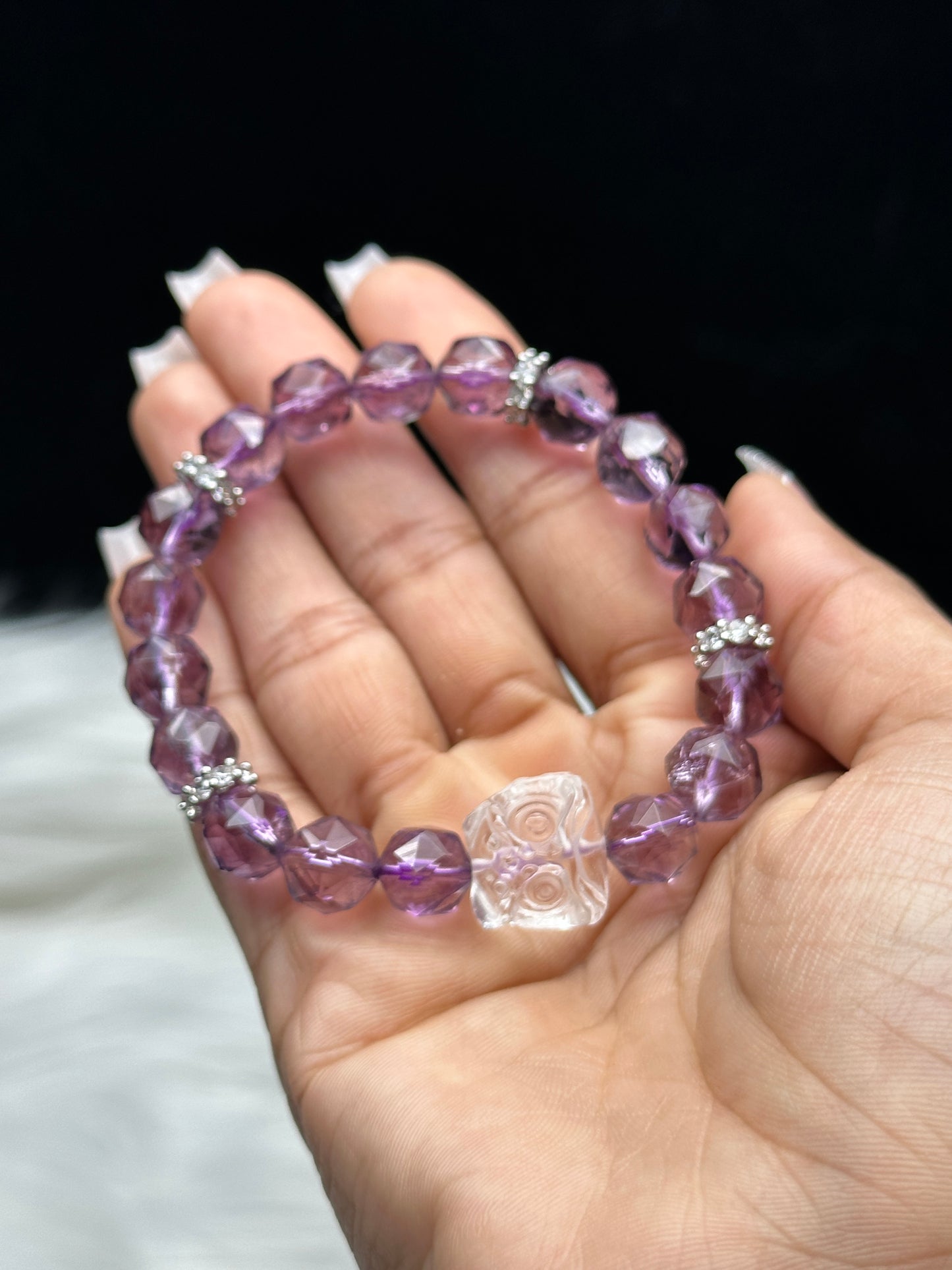 Amethyst Faceted Bead Bracelet with Clear Quartz Feng Shui Lion – Stretch Cord, Energy Healing Crystal Jewelry