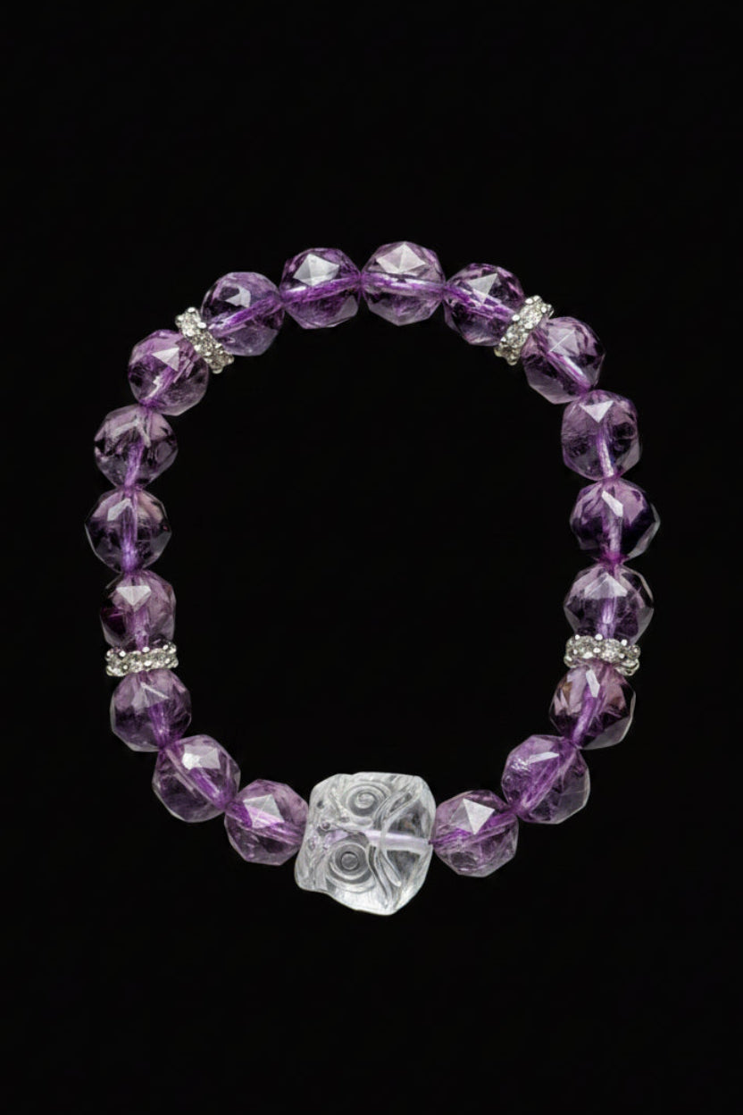 Amethyst Faceted Bead Bracelet with Clear Quartz Feng Shui Lion – Stretch Cord, Energy Healing Crystal Jewelry