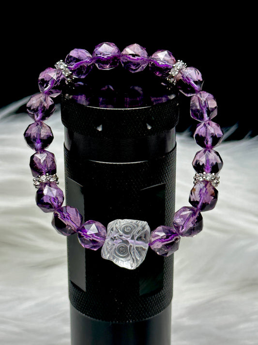Amethyst Faceted Bead Bracelet with Clear Quartz Feng Shui Lion – Stretch Cord, Energy Healing Crystal Jewelry