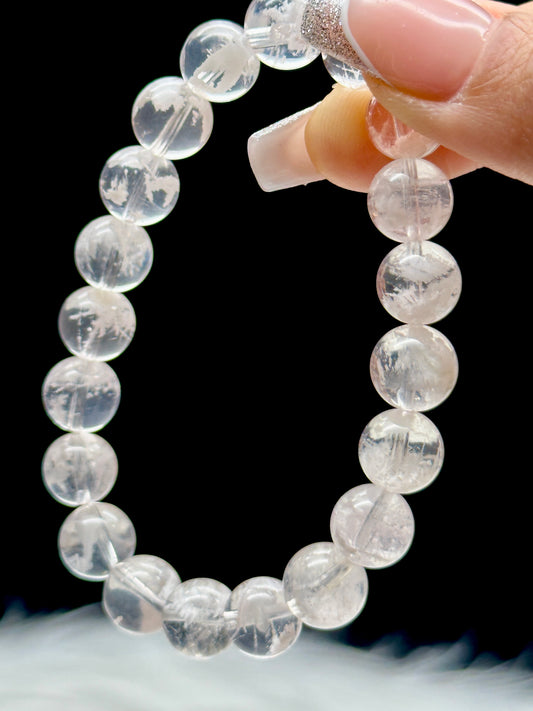 Premium 10.5mm Snow White Garden Quartz Bracelet – Scenic Lodolite Crystal, Superb Clarity | Career, Healing & Winter Energy