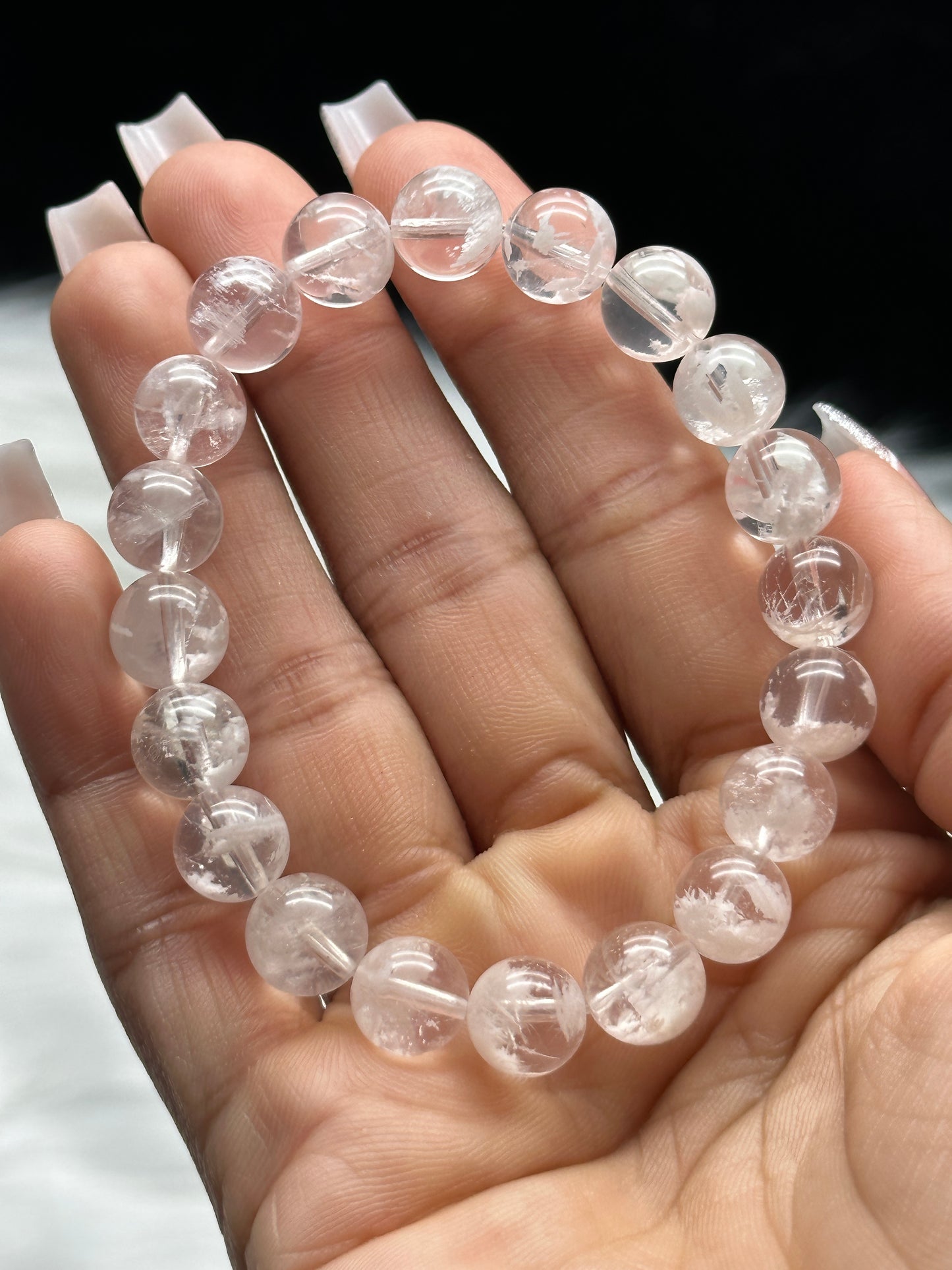 Premium 10.5mm Snow White Garden Quartz Bracelet – Scenic Lodolite Crystal, Superb Clarity | Career, Healing & Winter Energy