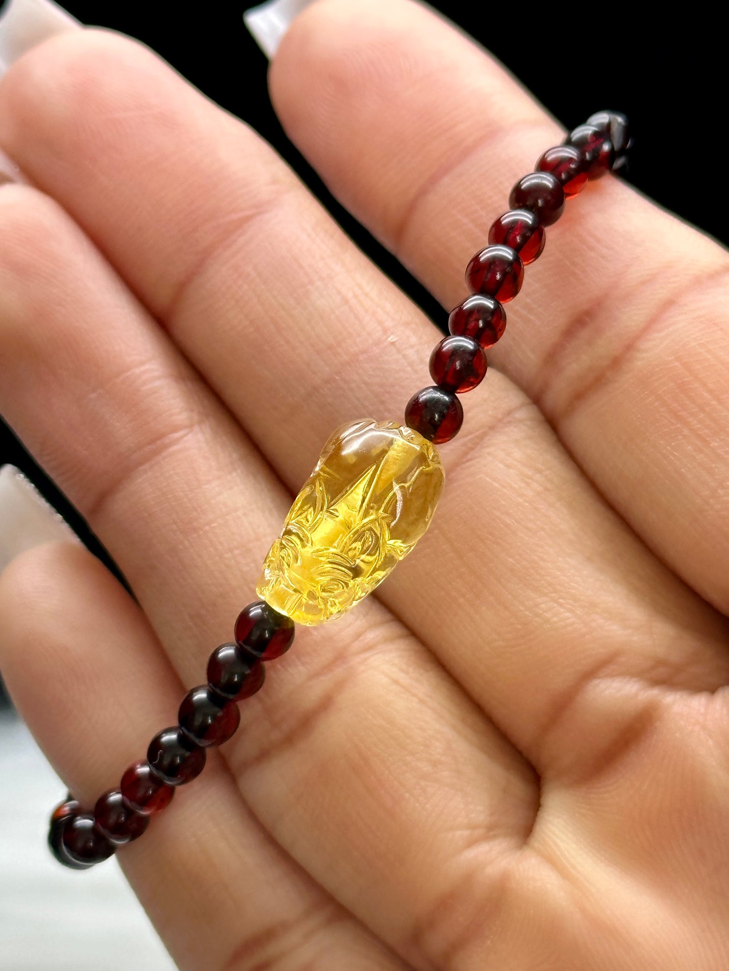 Garnet & Natural Amber Pixiu Bracelet – 3.5mm Beads, Wealth & Protection Crystal Bracelet