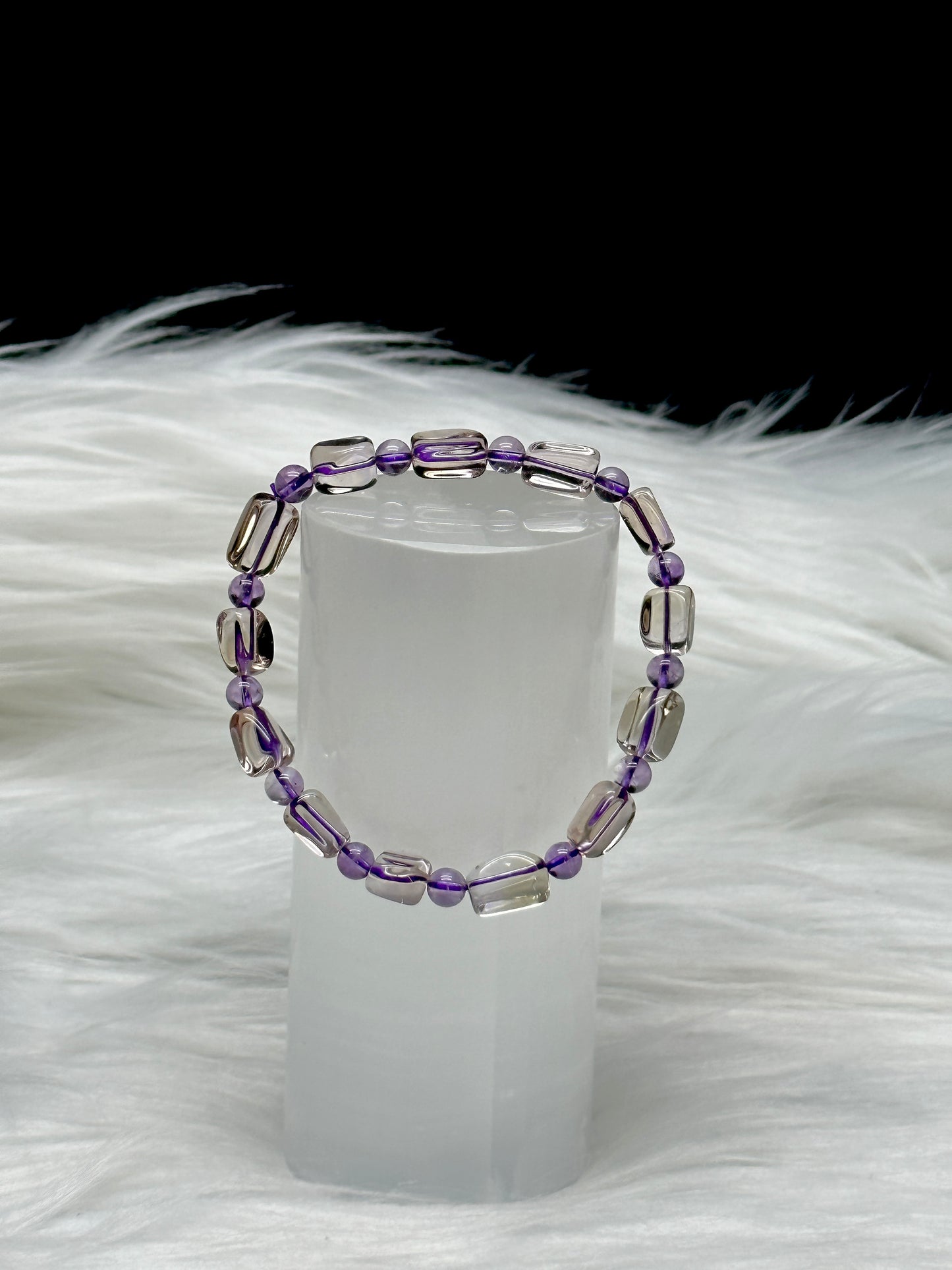 Ametrine Crystal Bracelet – Alternating Rectangle & Round Beads, Stretchable Cord, Handmade Energy Jewelry
