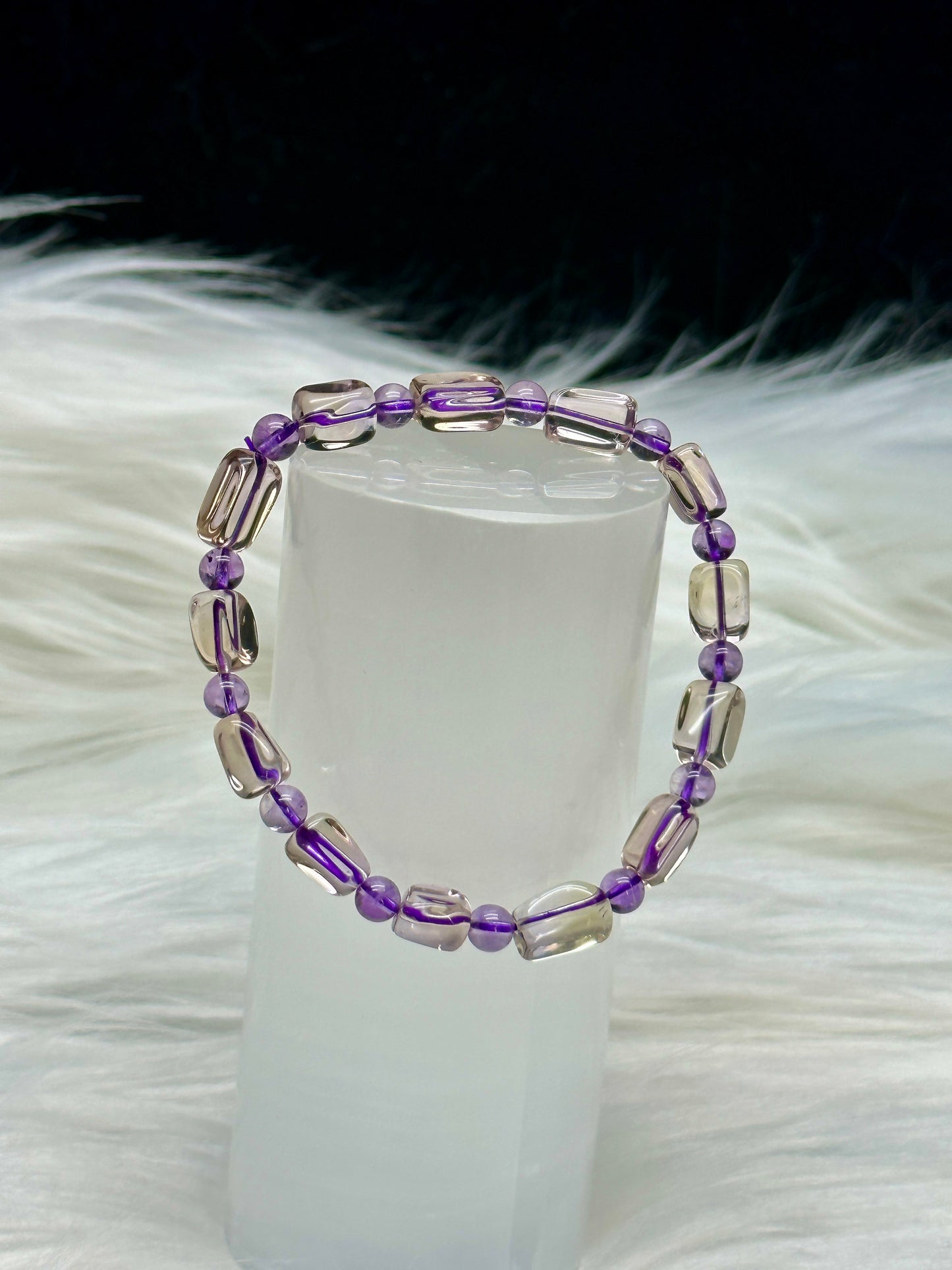 Ametrine Crystal Bracelet – Alternating Rectangle & Round Beads, Stretchable Cord, Handmade Energy Jewelry