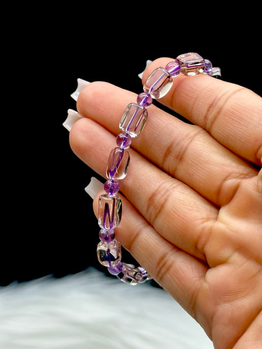 Ametrine Crystal Bracelet – Alternating Rectangle & Round Beads, Stretchable Cord, Handmade Energy Jewelry