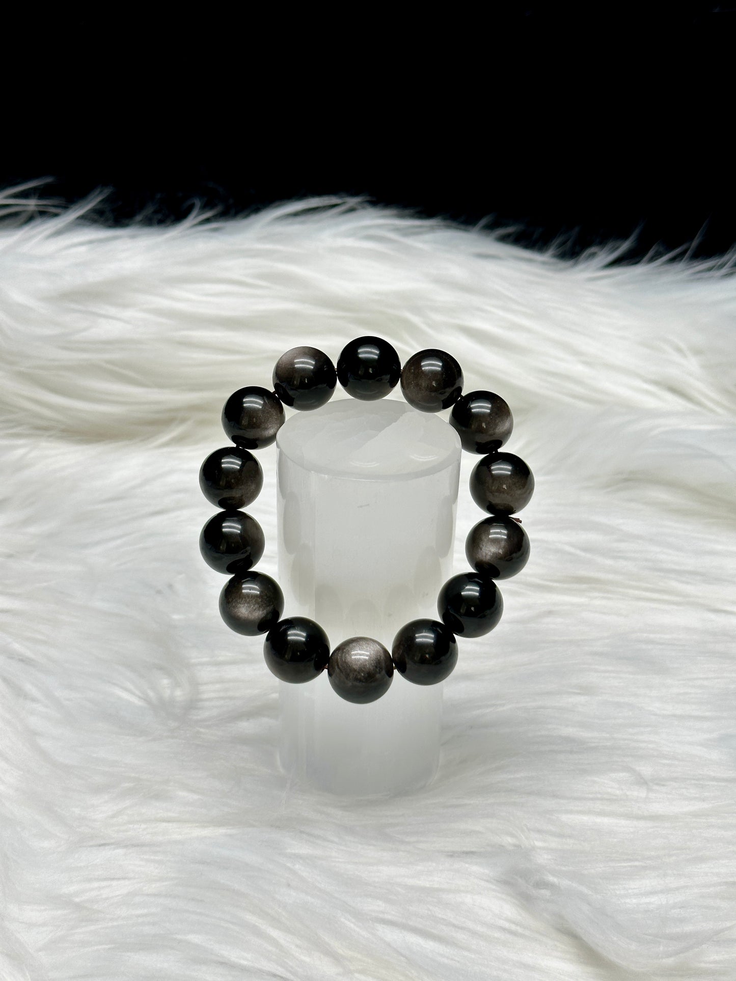Silver Sheen Obsidian Crystal Bracelet – 15mm Beads, Stretchable Cord, Grounding & Protection Stone