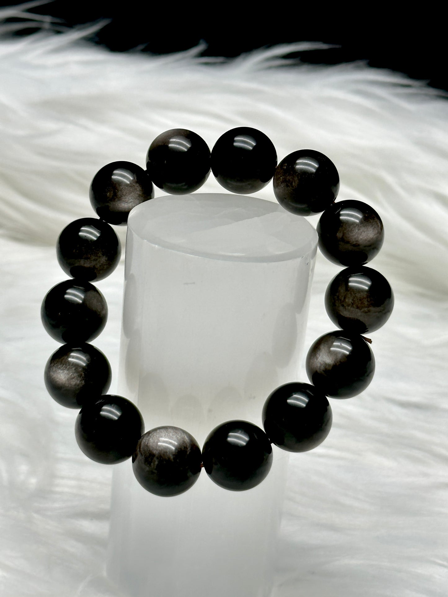 Silver Sheen Obsidian Crystal Bracelet – 15mm Beads, Stretchable Cord, Grounding & Protection Stone