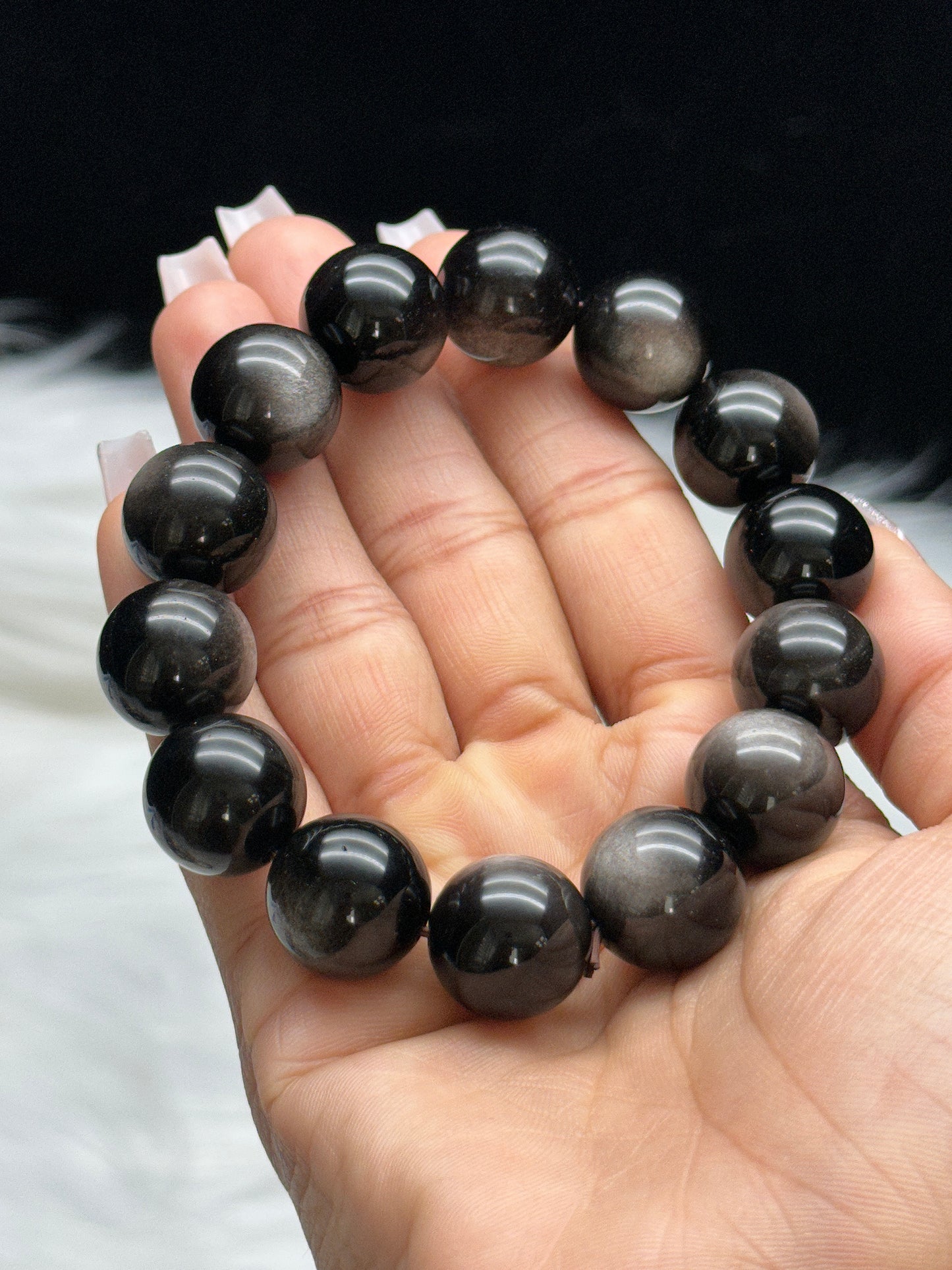 Silver Sheen Obsidian Crystal Bracelet – 15mm Beads, Stretchable Cord, Grounding & Protection Stone