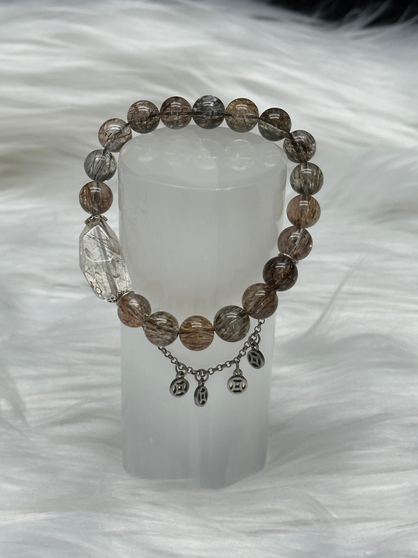 High-Quality Rutilated Quartz Crystal Bracelet – 11mm Beads with Sterling Silver Charms