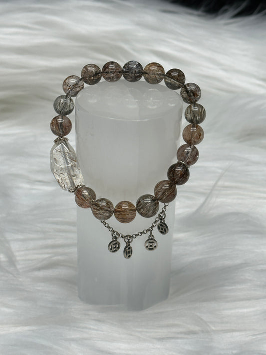 High-Quality Rutilated Quartz Crystal Bracelet – 11mm Beads with Sterling Silver Charms