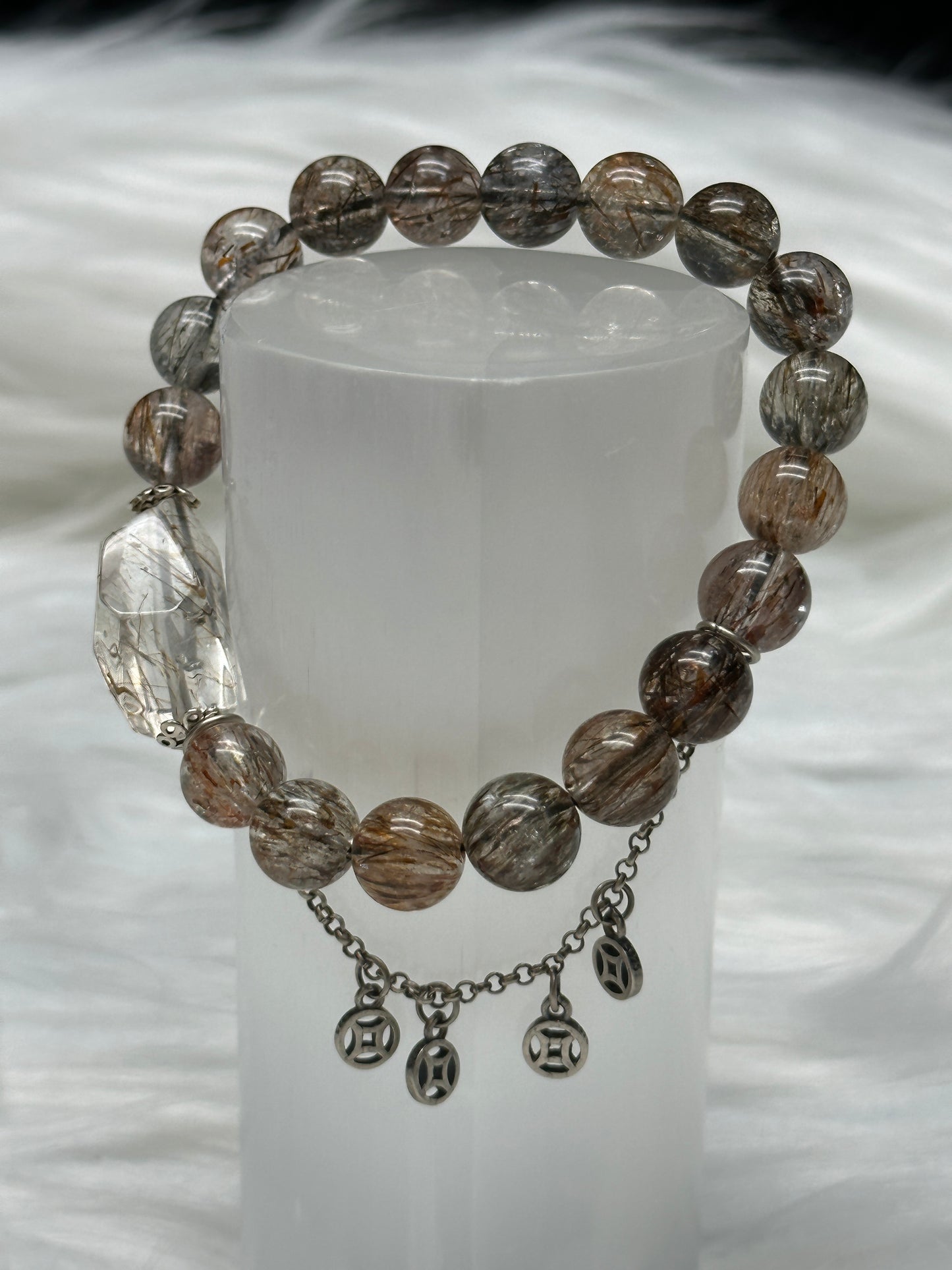 High-Quality Rutilated Quartz Crystal Bracelet – 11mm Beads with Sterling Silver Charms