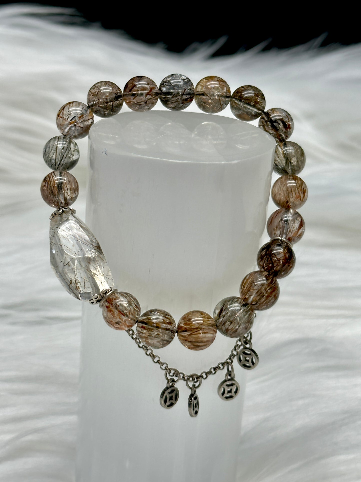 High-Quality Rutilated Quartz Crystal Bracelet – 11mm Beads with Sterling Silver Charms