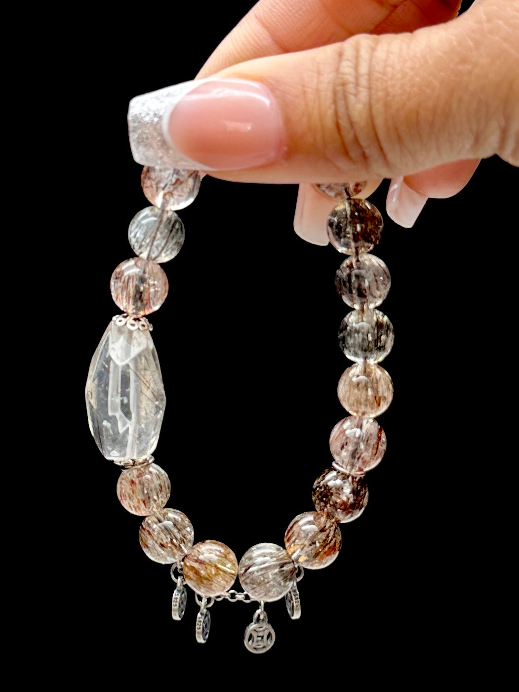High-Quality Rutilated Quartz Crystal Bracelet – 11mm Beads with Sterling Silver Charms