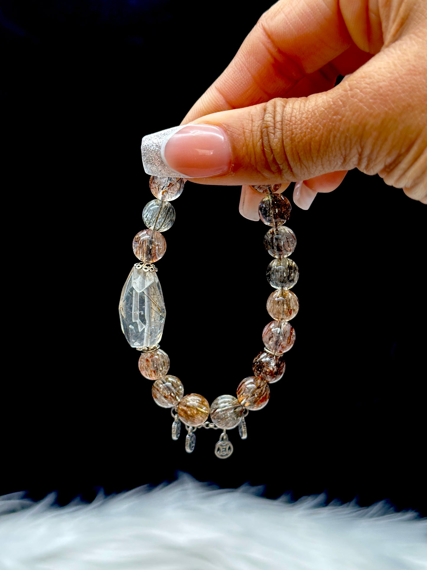 High-Quality Rutilated Quartz Crystal Bracelet – 11mm Beads with Sterling Silver Charms