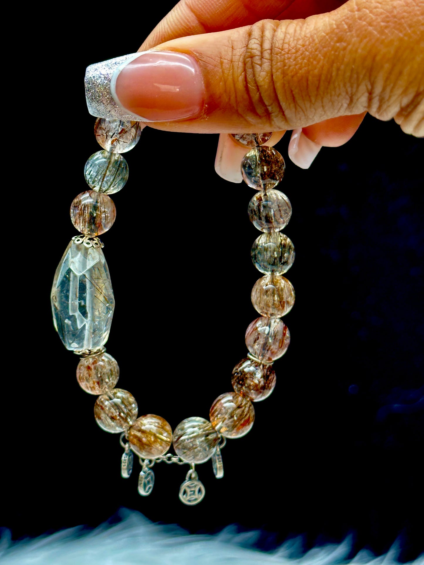 High-Quality Rutilated Quartz Crystal Bracelet – 11mm Beads with Sterling Silver Charms
