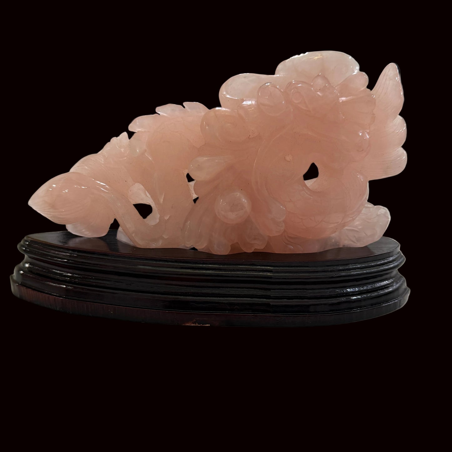 Rose Quartz Hand-Carved Dragon Sculpture – Genuine Crystal Carving on Wooden Stand | You Receive Exact Piece