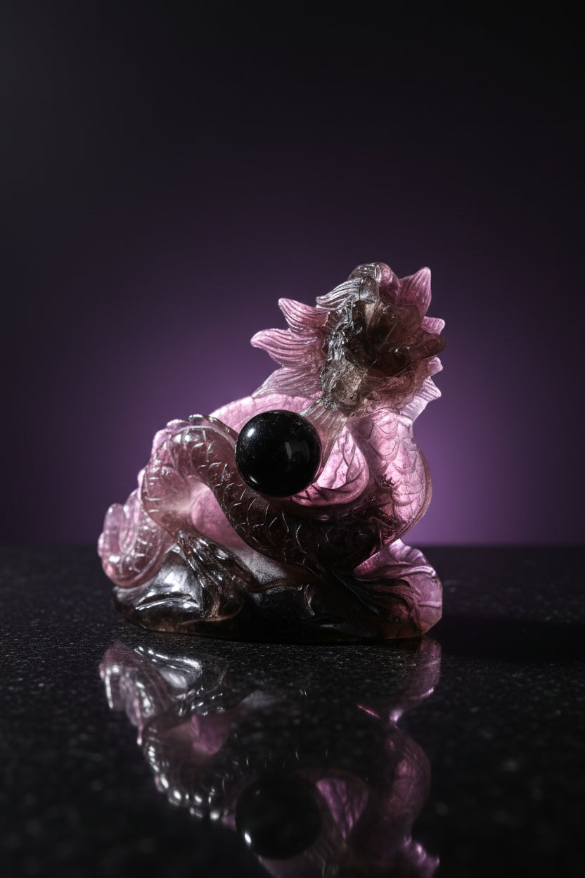 Smoky quartz hand-carved dragon sculpture with crystal sphere - front view