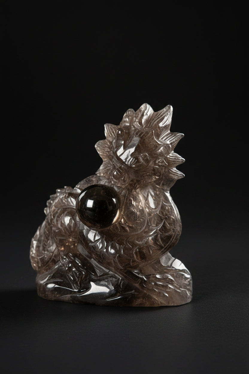 Smoky quartz dragon carving with sphere - front detail view