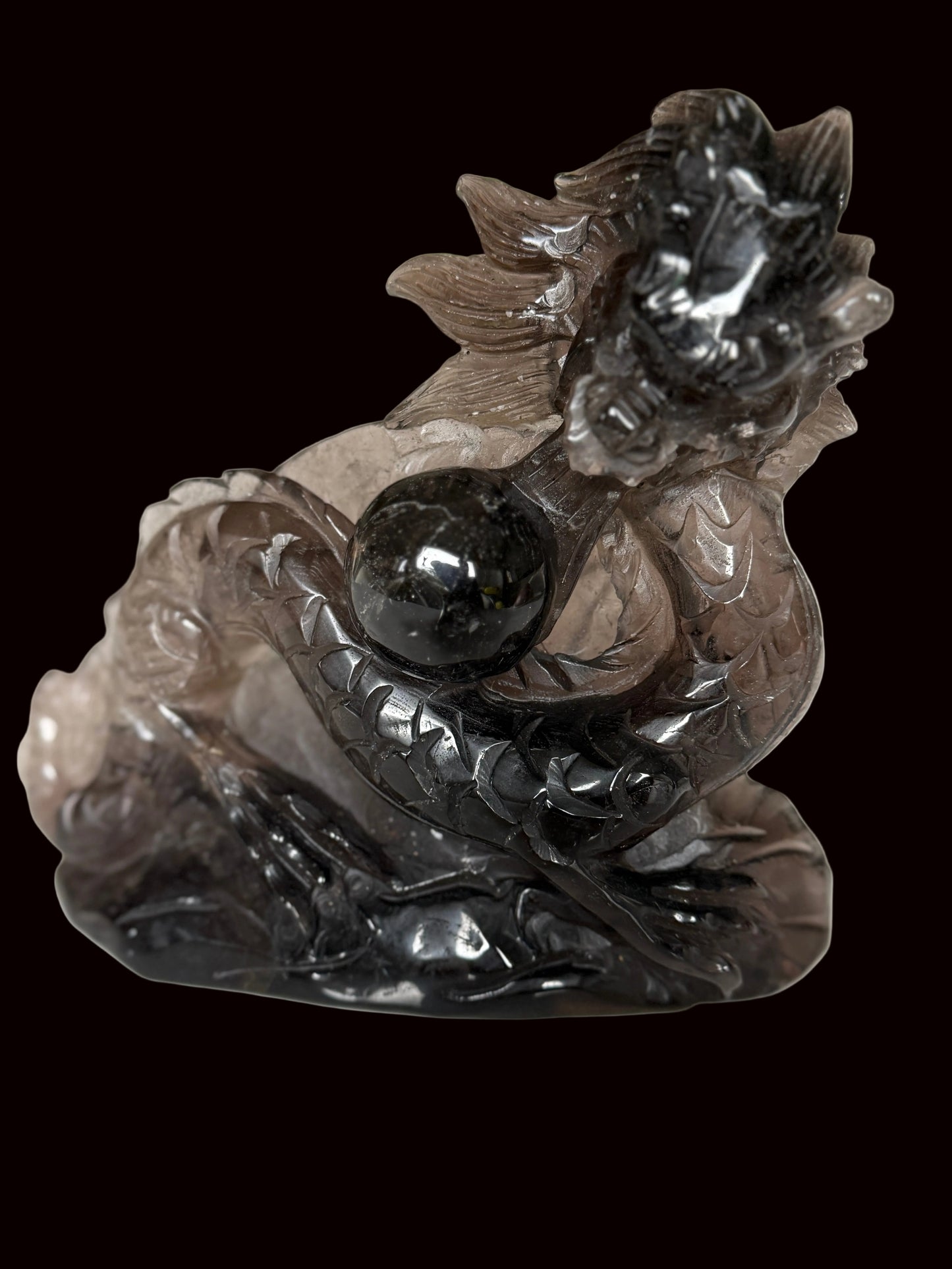 Smoky quartz dragon carving - three quarter view