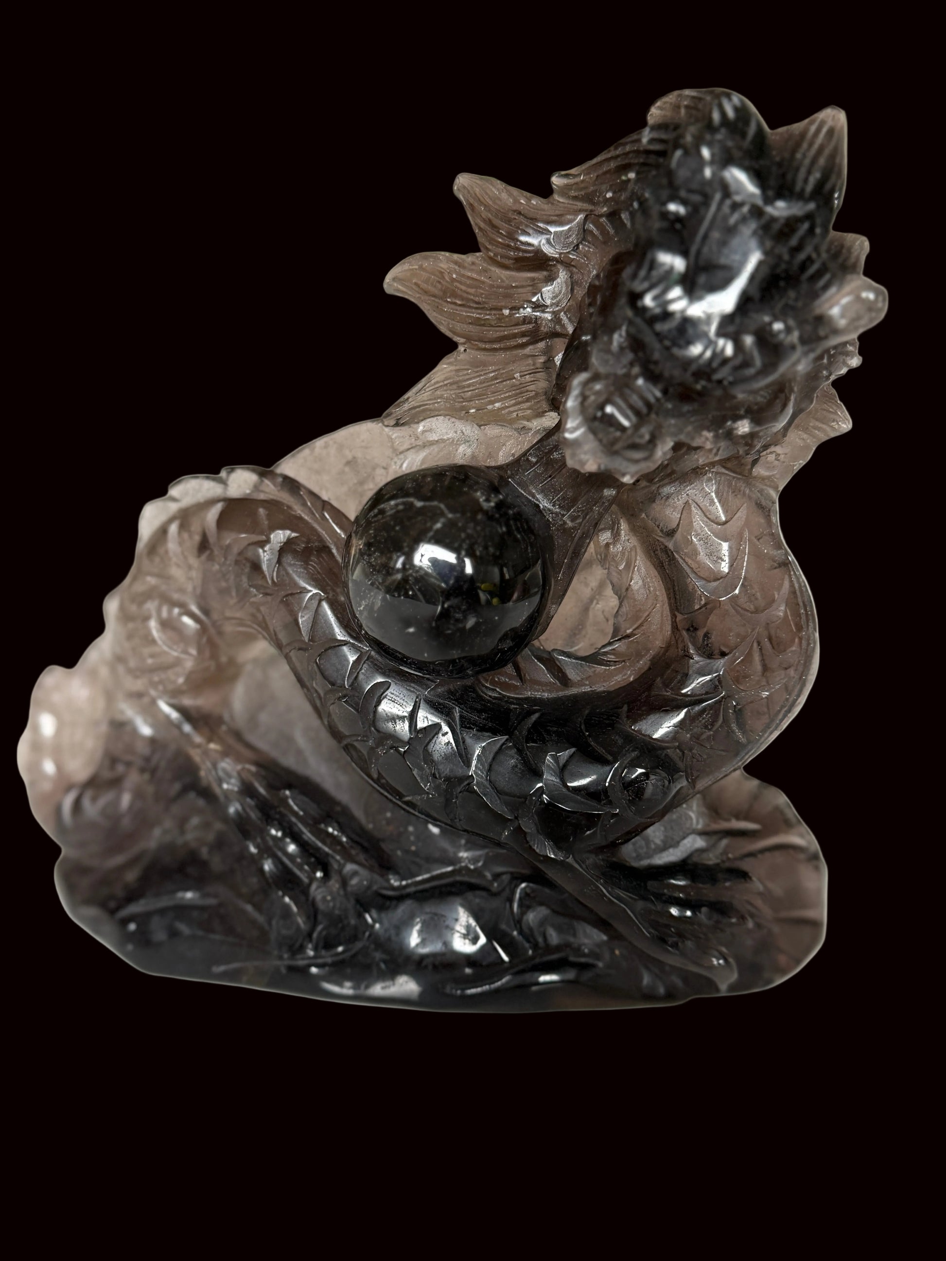 Smoky quartz dragon carving - three quarter view