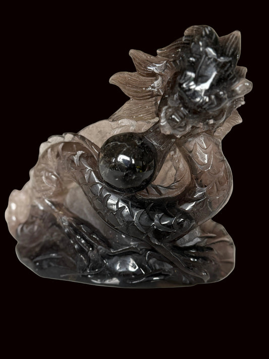 Smoky quartz dragon carving - three quarter view