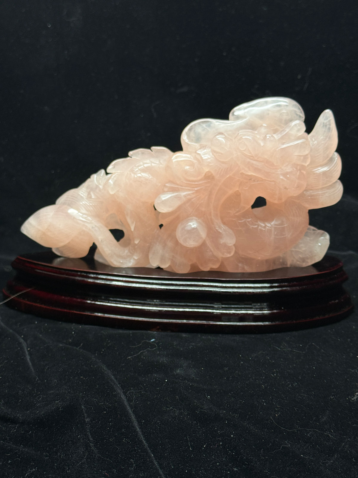 Rose Quartz Hand-Carved Dragon Sculpture – Genuine Crystal Carving on Wooden Stand | You Receive Exact Piece