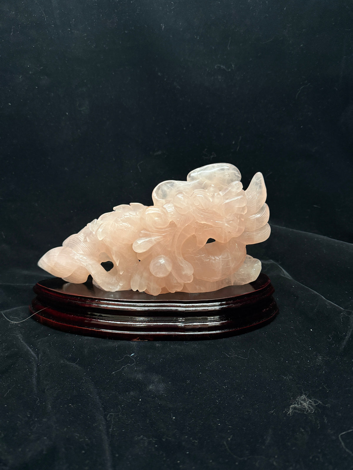 Rose Quartz Hand-Carved Dragon Sculpture – Genuine Crystal Carving on Wooden Stand | You Receive Exact Piece