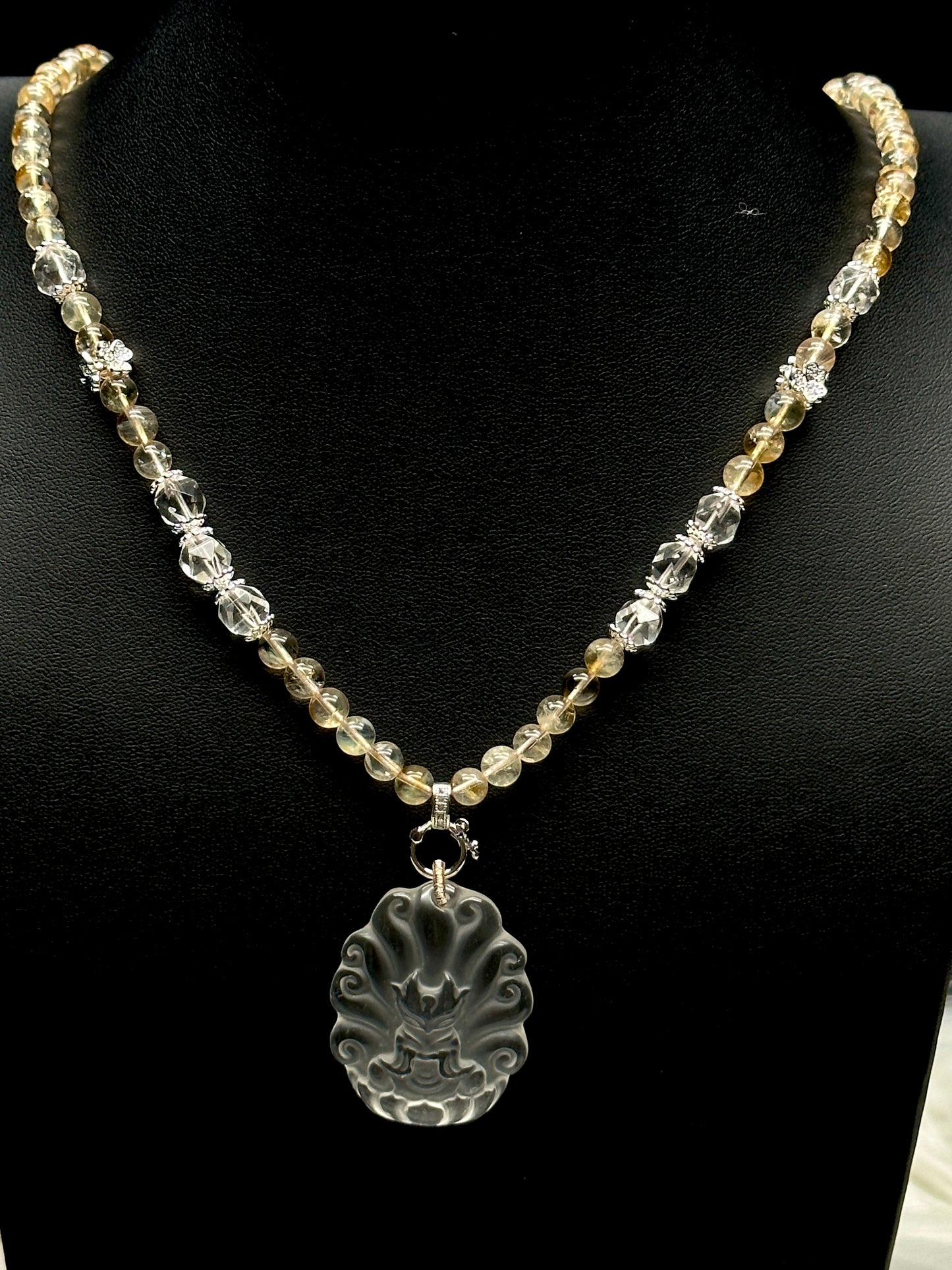 Citrine Bead Necklace with Clear Quartz Nine-Tail Fox Pendant – Adjustable Cord, 8mm Beads, Sterling Silver Accents