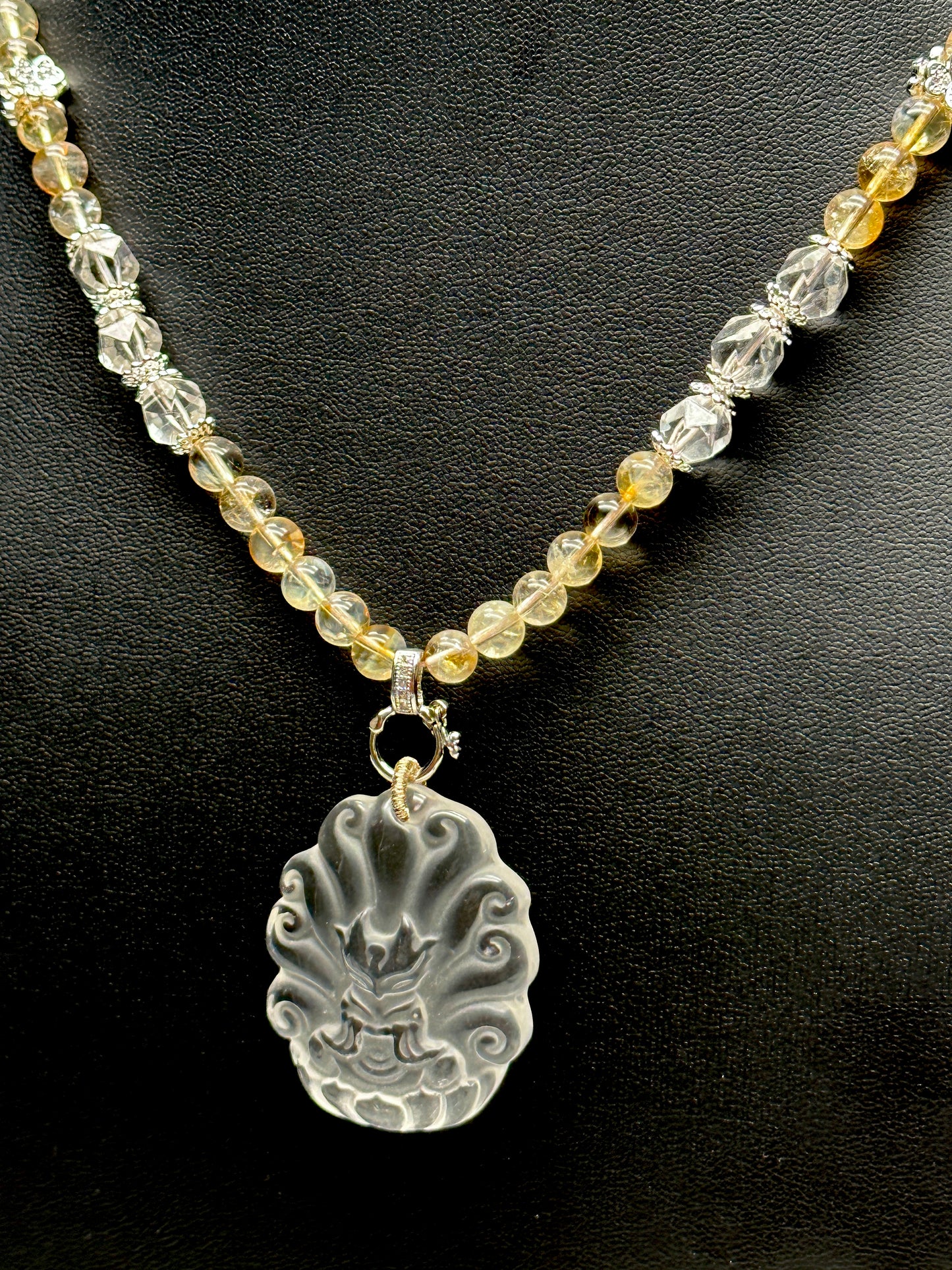 Citrine Bead Necklace with Clear Quartz Nine-Tail Fox Pendant – Adjustable Cord, 8mm Beads, Sterling Silver Accents