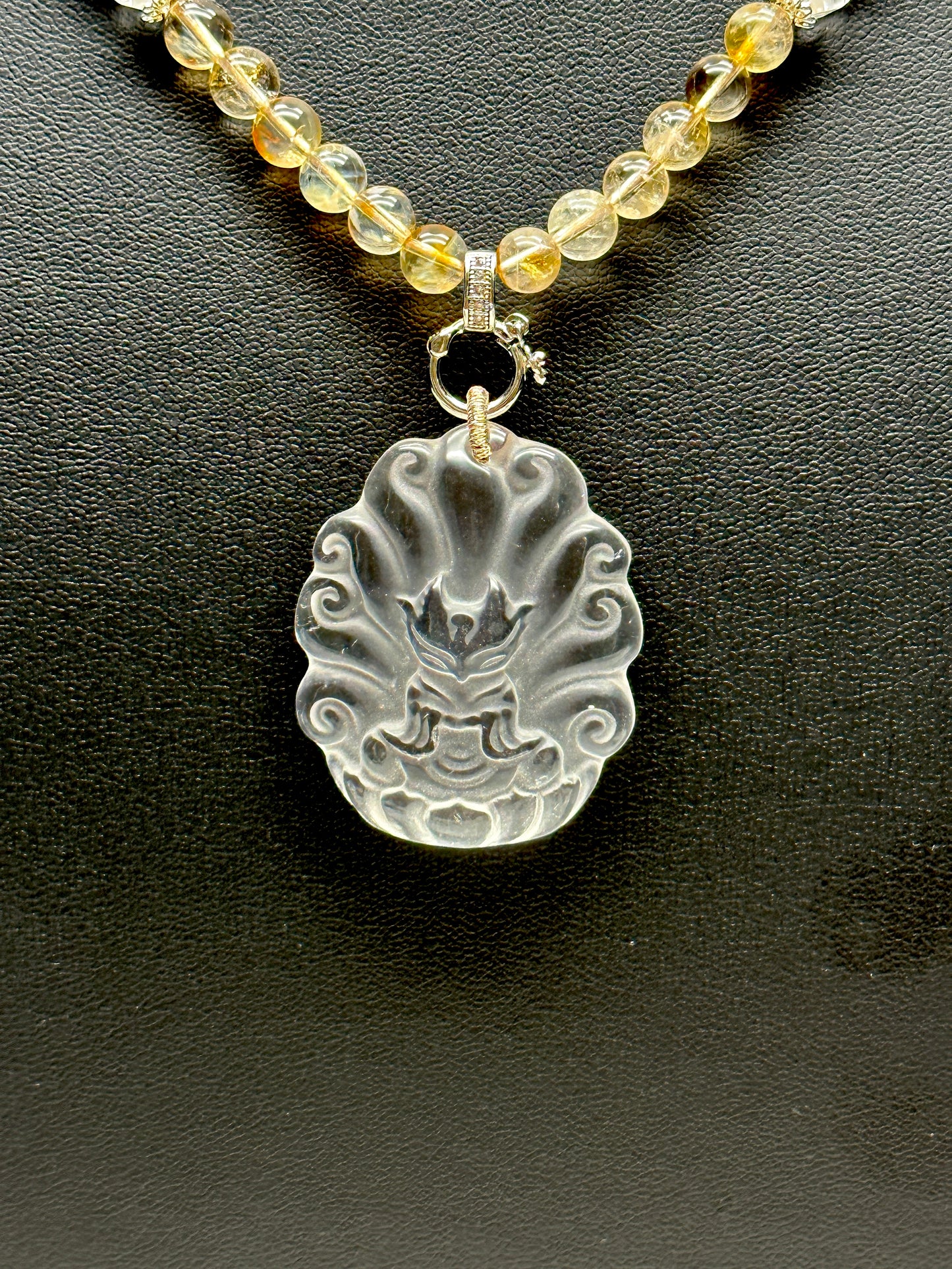 Citrine Bead Necklace with Clear Quartz Nine-Tail Fox Pendant – Adjustable Cord, 8mm Beads, Sterling Silver Accents