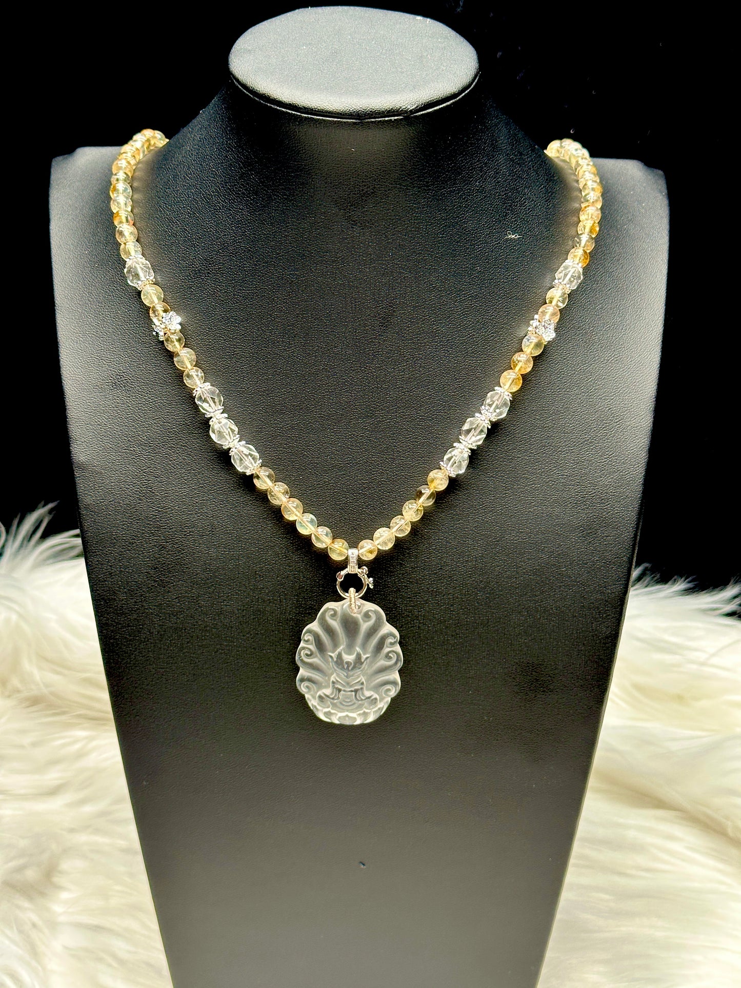 Citrine Bead Necklace with Clear Quartz Nine-Tail Fox Pendant – Adjustable Cord, 8mm Beads, Sterling Silver Accents