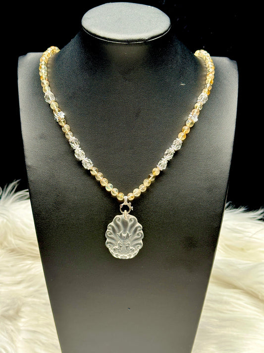 Citrine Bead Necklace with Clear Quartz Nine-Tail Fox Pendant – Adjustable Cord, 8mm Beads, Sterling Silver Accents