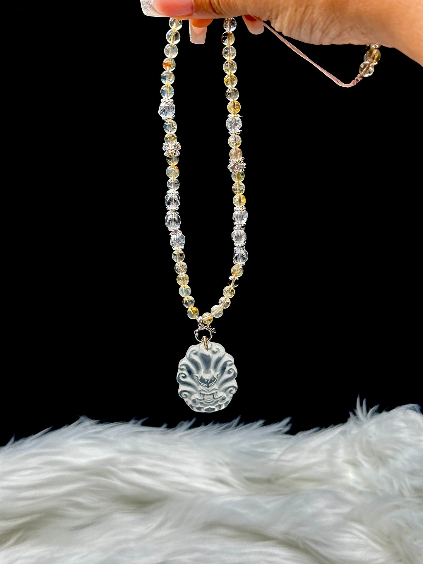 Citrine Bead Necklace with Clear Quartz Nine-Tail Fox Pendant – Adjustable Cord, 8mm Beads, Sterling Silver Accents