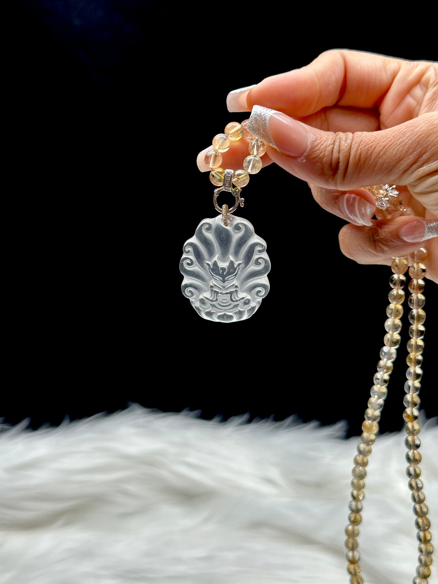 Citrine Bead Necklace with Clear Quartz Nine-Tail Fox Pendant – Adjustable Cord, 8mm Beads, Sterling Silver Accents