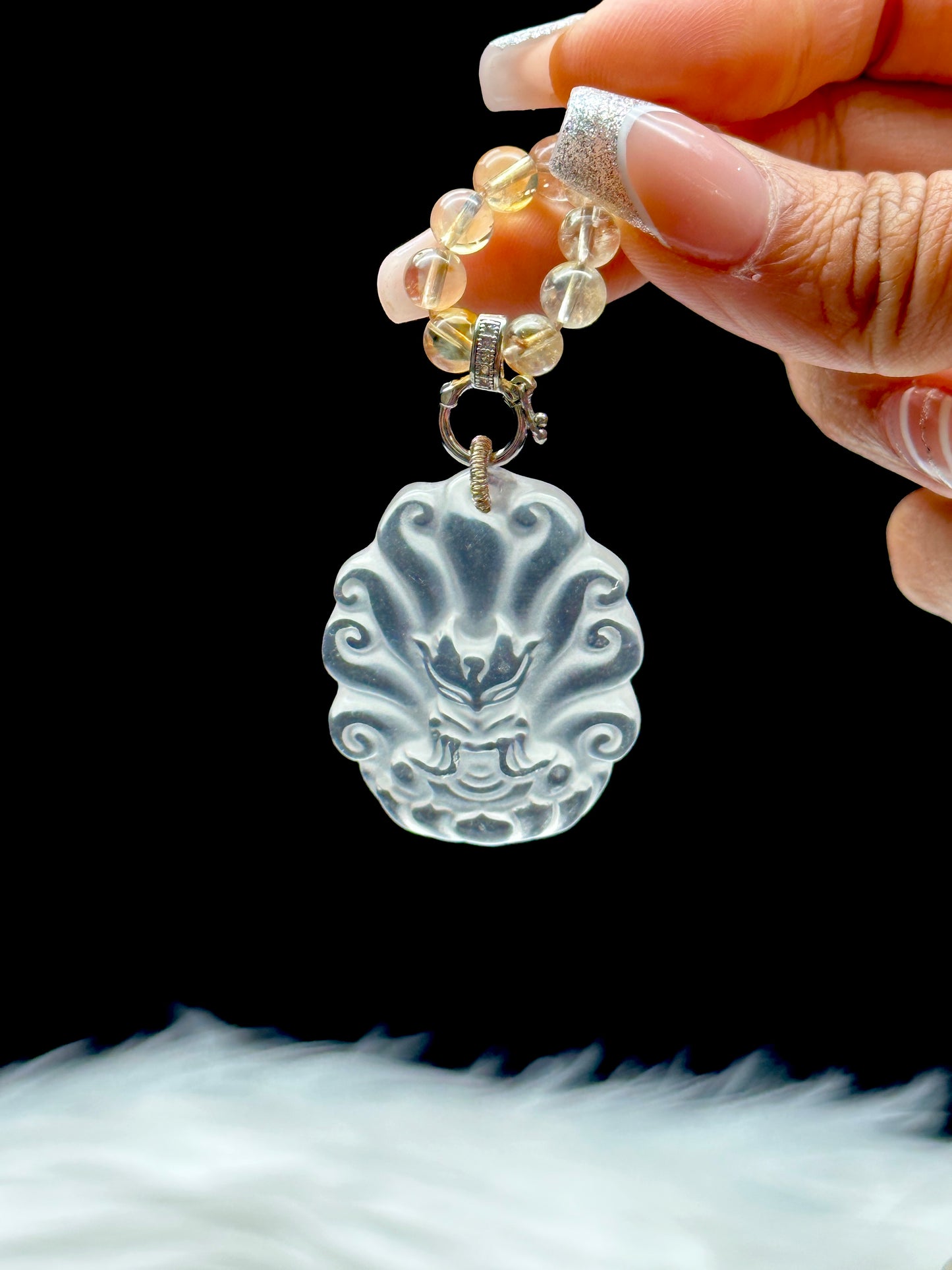 Citrine Bead Necklace with Clear Quartz Nine-Tail Fox Pendant – Adjustable Cord, 8mm Beads, Sterling Silver Accents