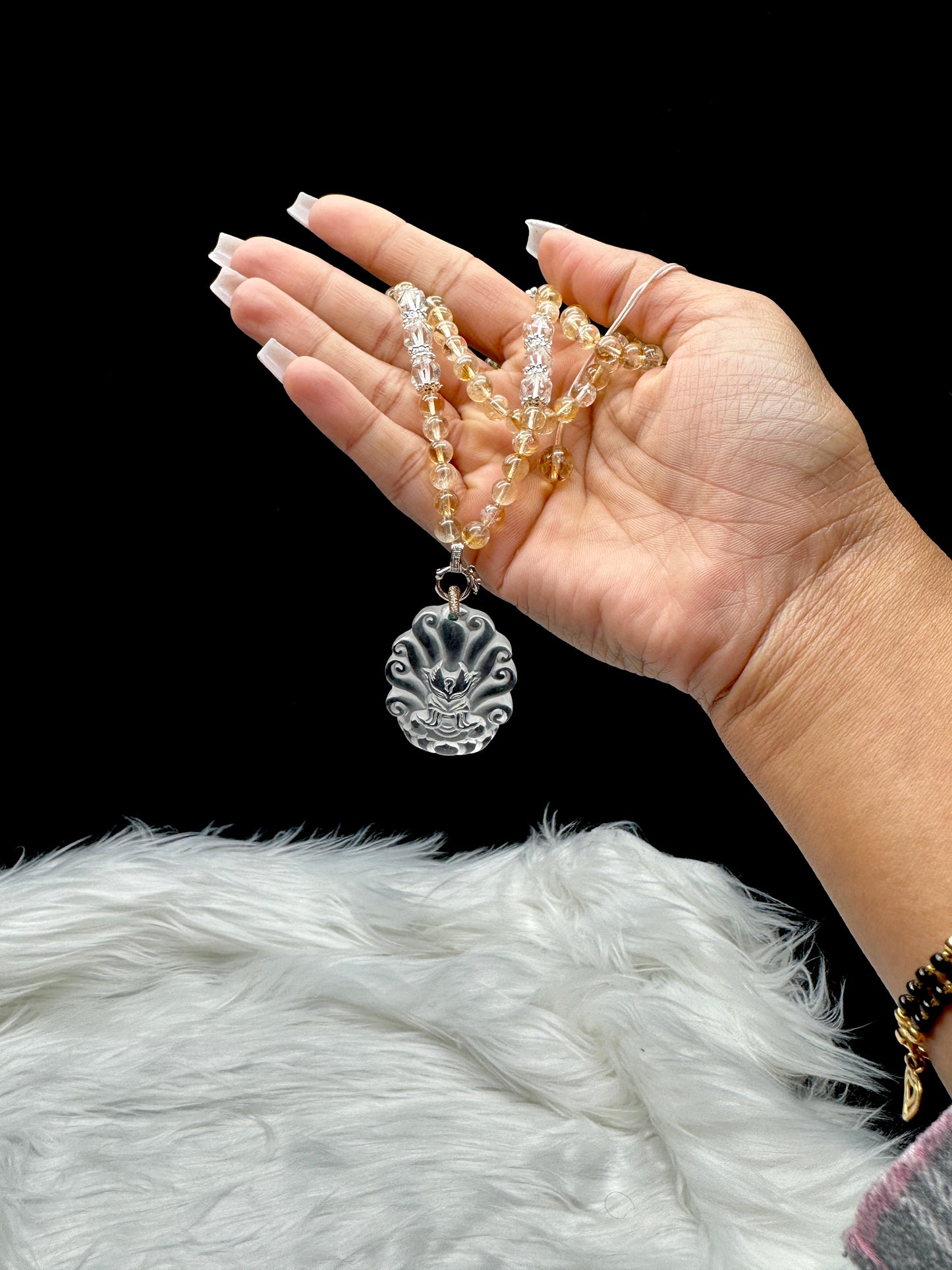 Citrine Bead Necklace with Clear Quartz Nine-Tail Fox Pendant – Adjustable Cord, 8mm Beads, Sterling Silver Accents