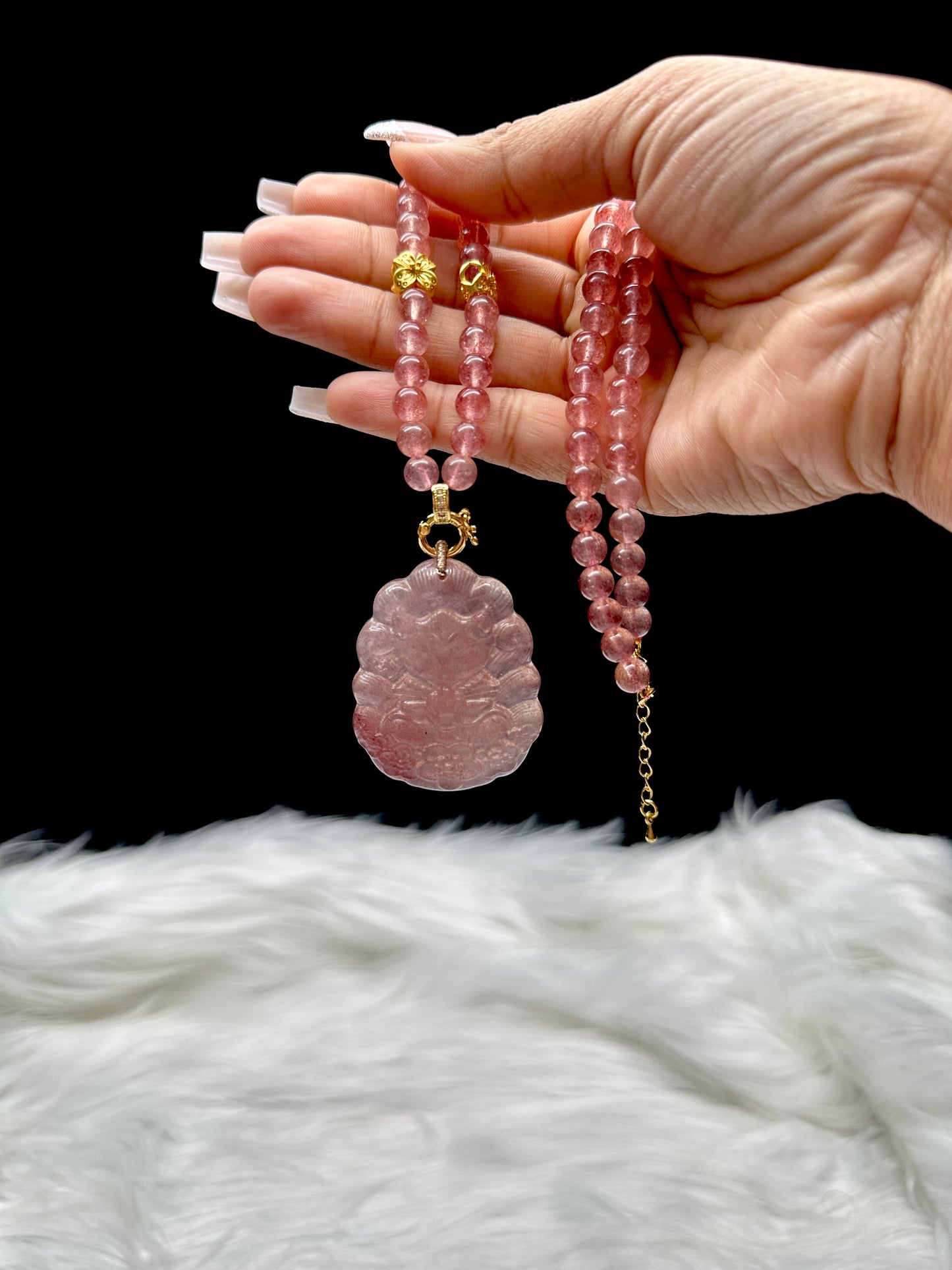Strawberry Quartz Necklace with Nine-Tail Fox Pendant – 7.5mm Beads, Sterling Silver + 18K Gold Plated Spacers, Adjustable Clasp