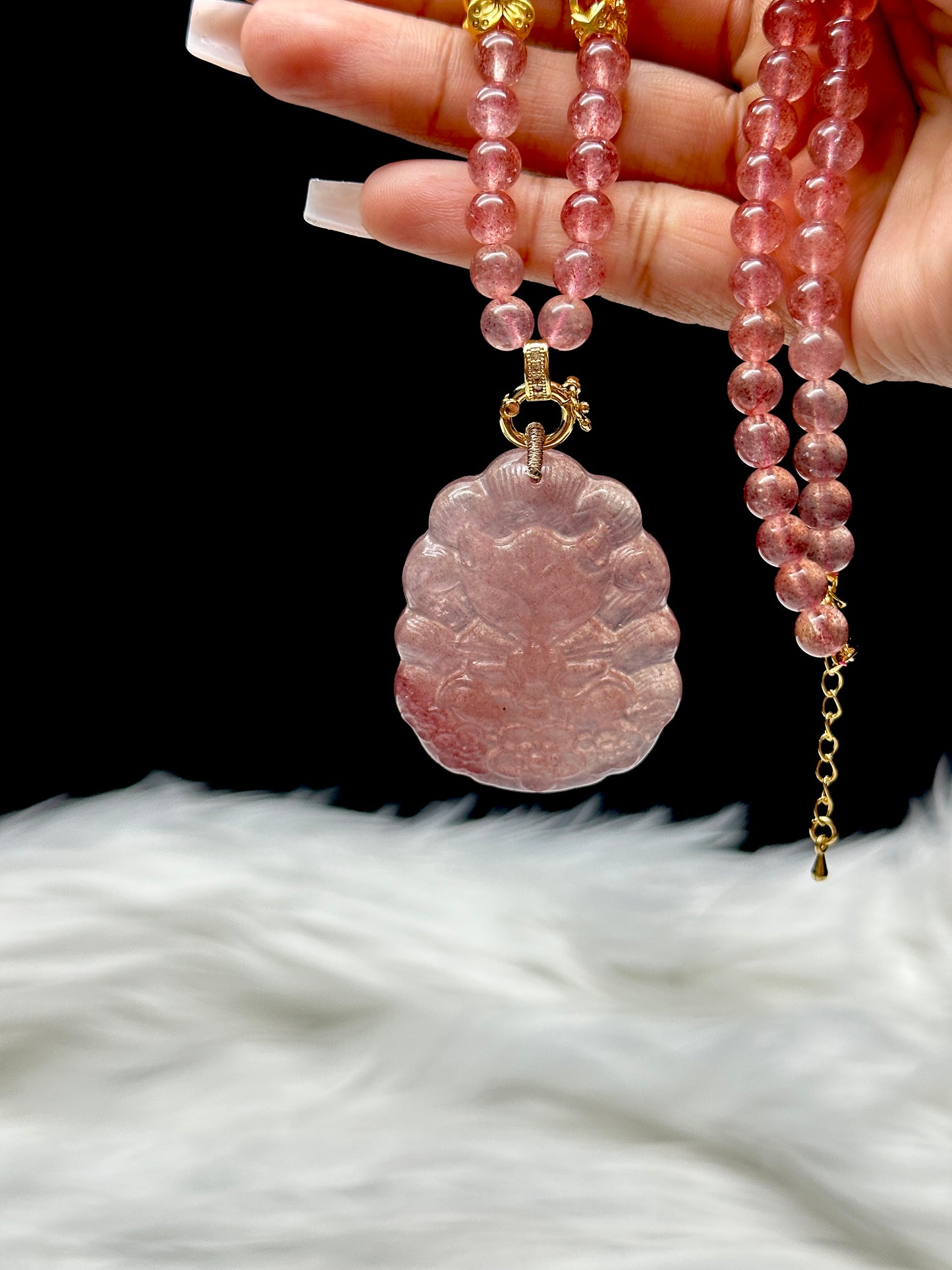 Strawberry Quartz Necklace with Nine-Tail Fox Pendant – 7.5mm Beads, Sterling Silver + 18K Gold Plated Spacers, Adjustable Clasp